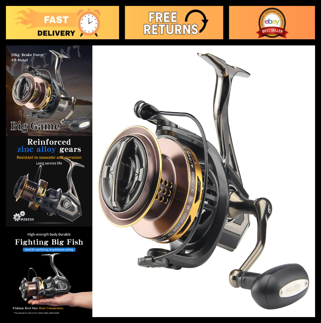 High-Power Surf Spinning Fishing Reel 8000/12000, 20KG Drag, Backlash-Free, Meta