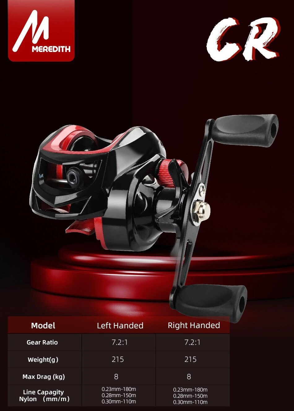 Bait Casting Reel Meredith CR Ultra Lite 7.2.1 Gear Ratio-Red/Color-Right Hand