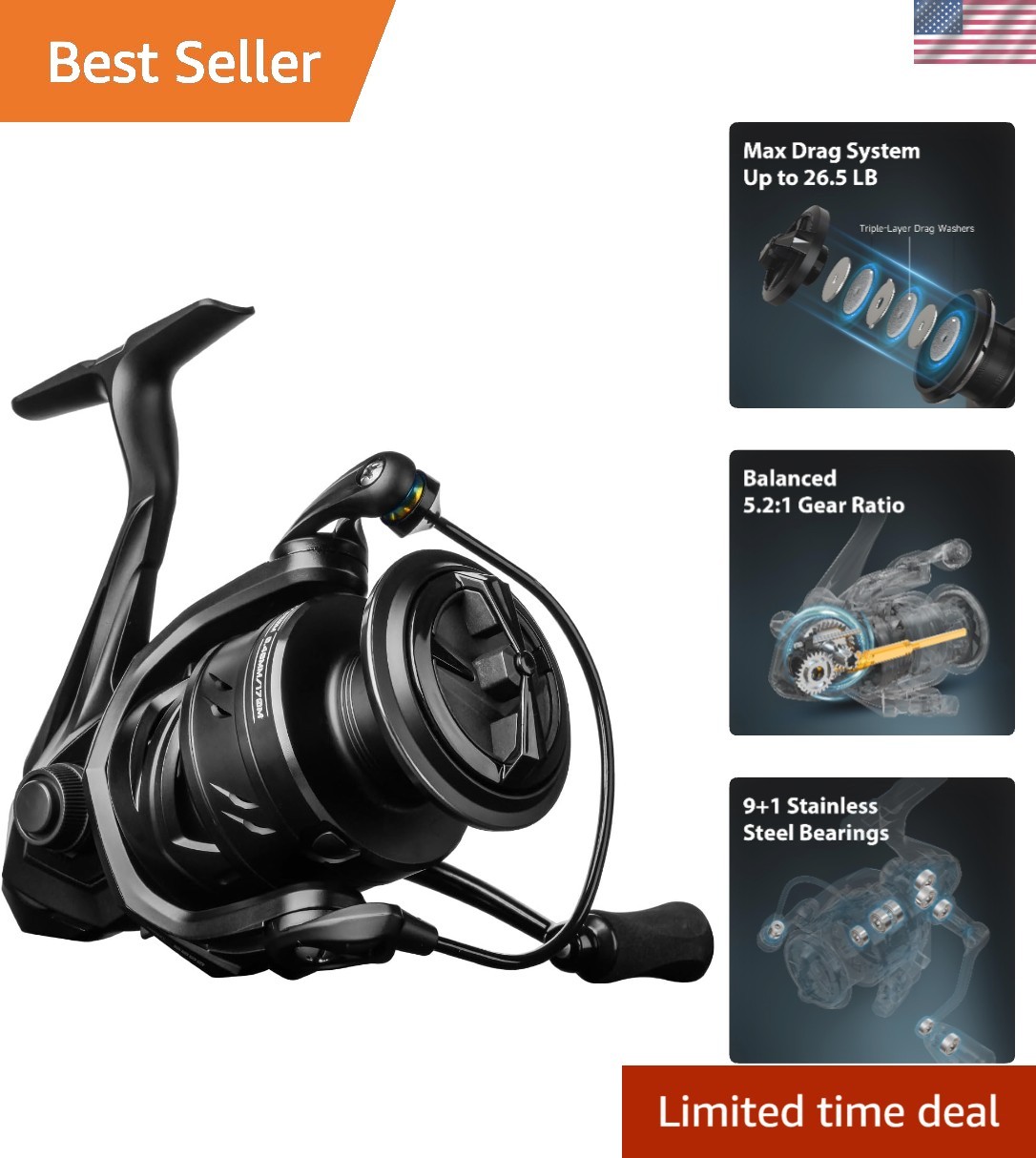 M1 Spinning Reel – 5000 Series, CNC Aluminum, 26.5 LBS Max Drag, Versatile Size