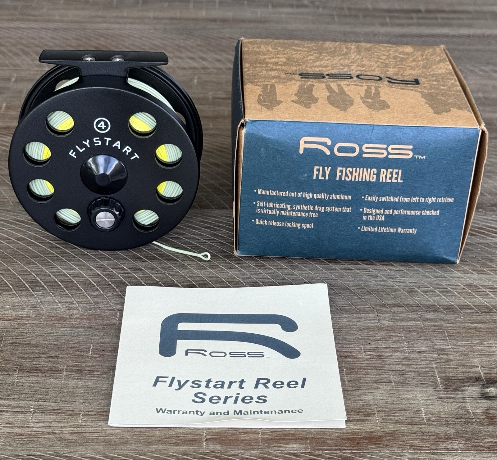New in Box Ross Flystart 4 7/9 wt Fly Reel w/New Rio Fly Line