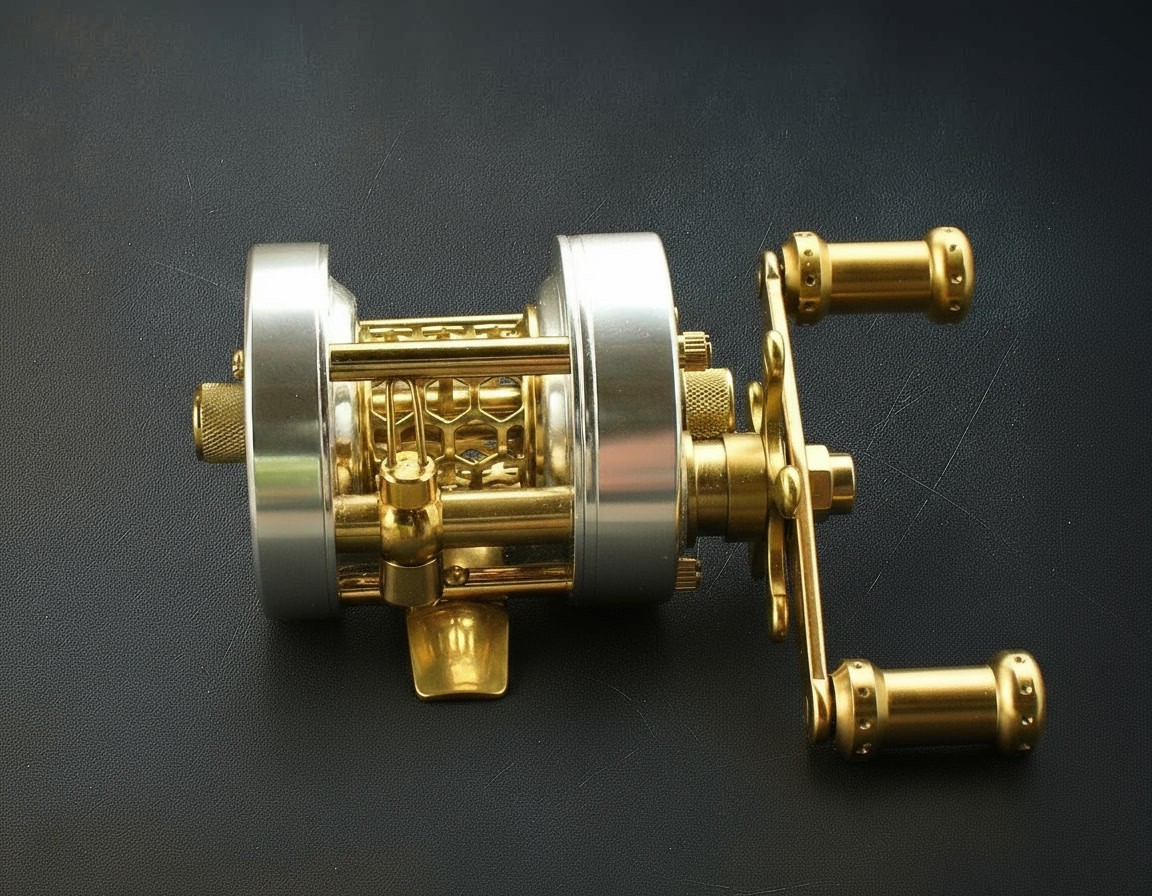 Silver Round Baitcasting Reel 5.0:1 Gear Ratio Left Hand Retrieve Brass/Aluminum