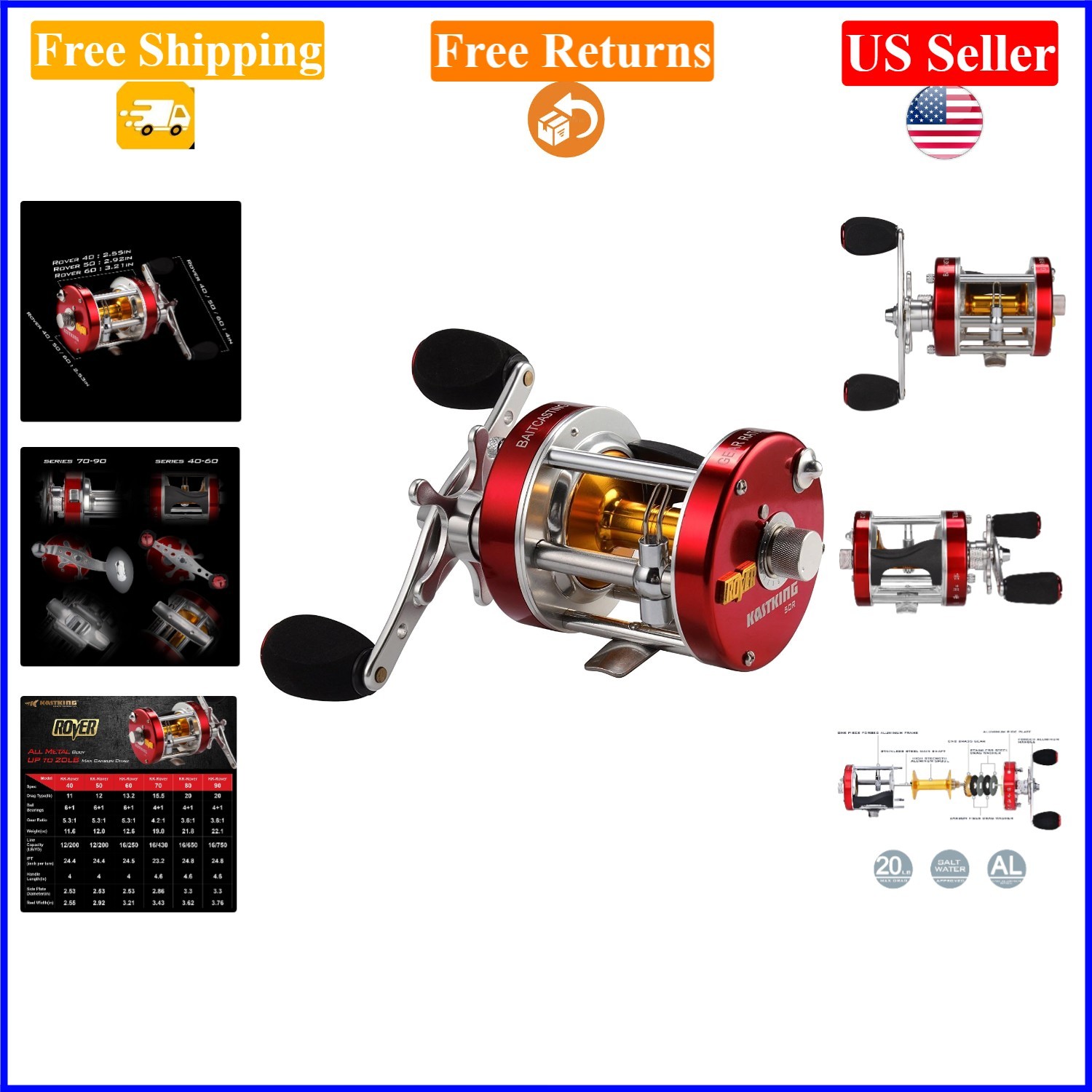 Rover Round Baitcasting Reel, Red, 60 Size, 13.2lb Drag, Versatile