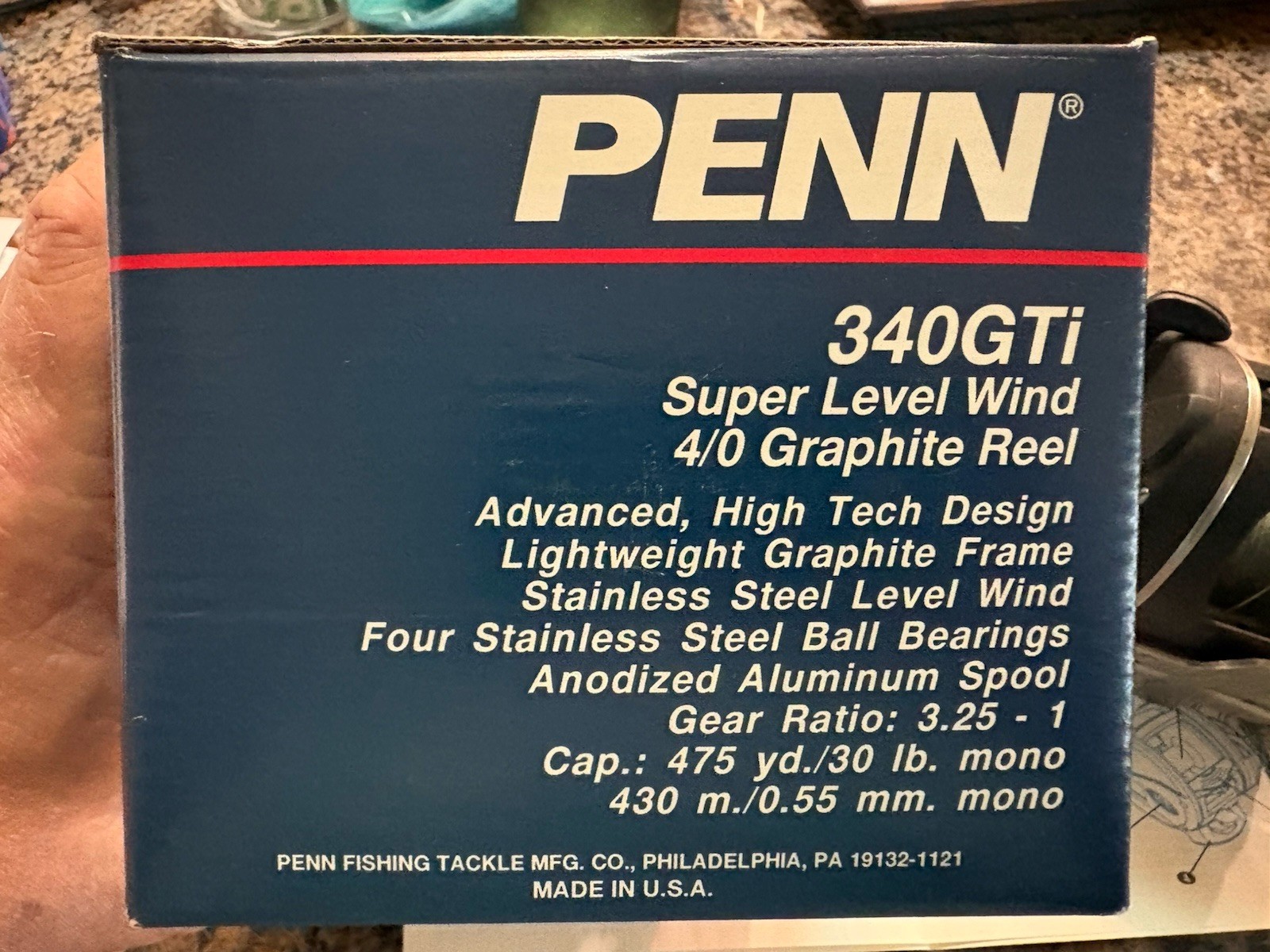 340 GTI PENN Level Wind Fishing Reel, with Box, Tool, Manual, Reel clamp.