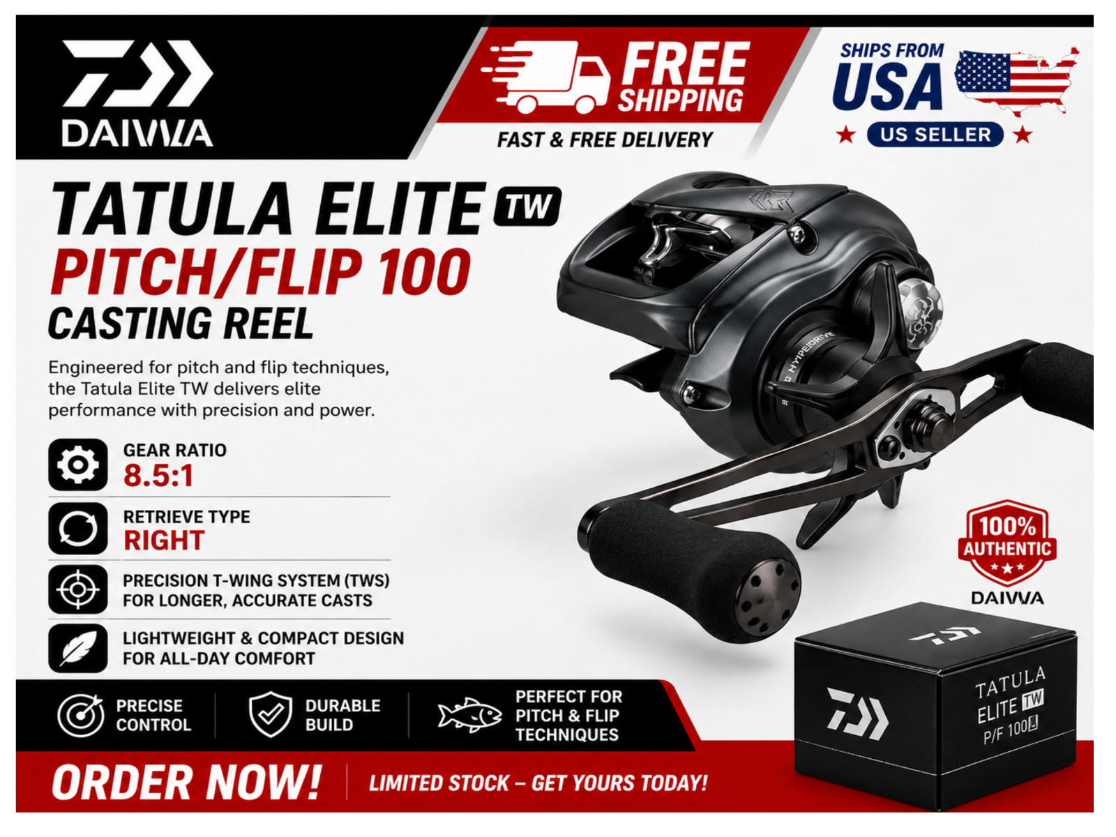 Daiwa Tatula Elite TW Pitch/Flip 100 Casting Reels, Type:Right – Ratios: 8.5:1