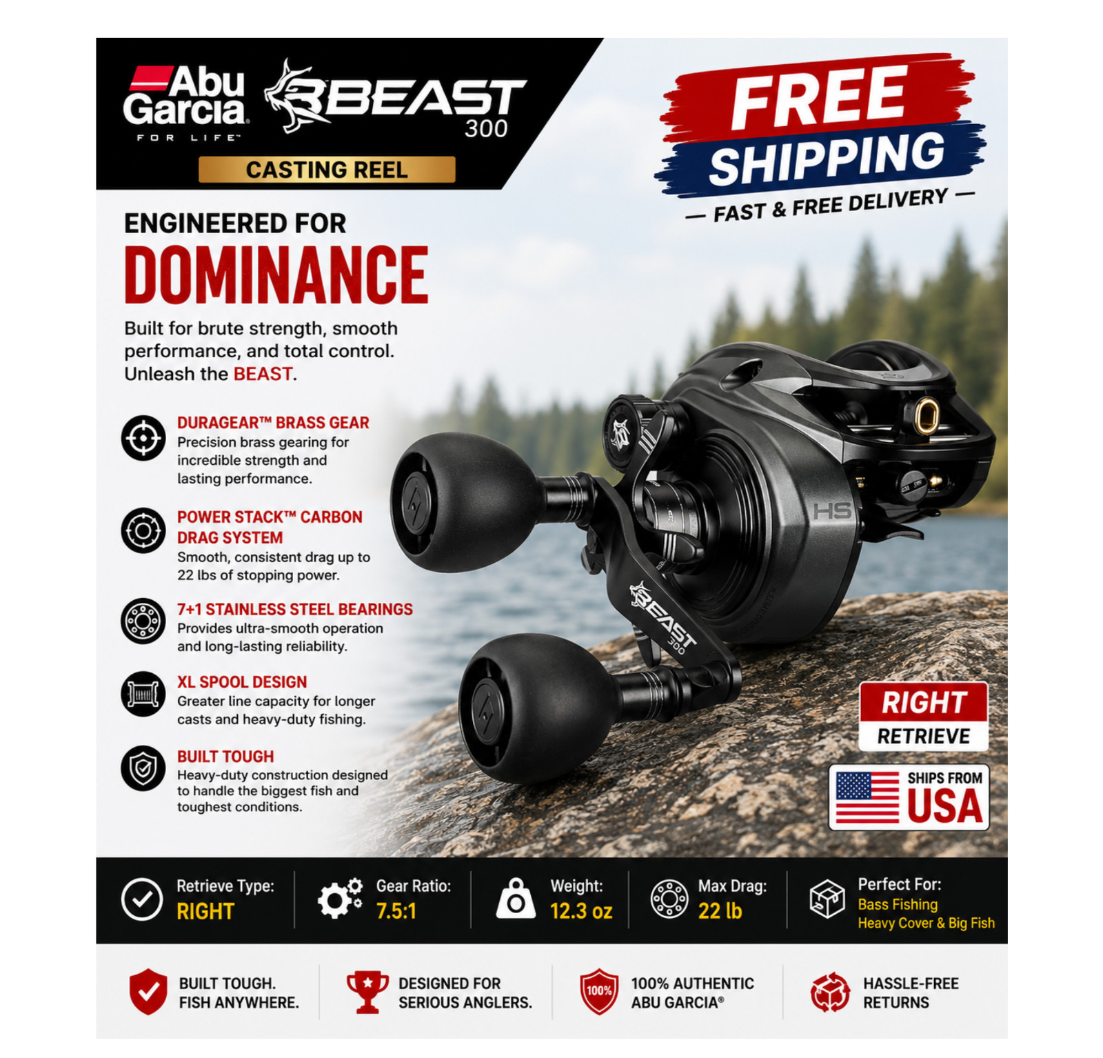 Abu Garcia Beast 300 Casting Reels, Type:Right – Gear Ratios: 7.5:1