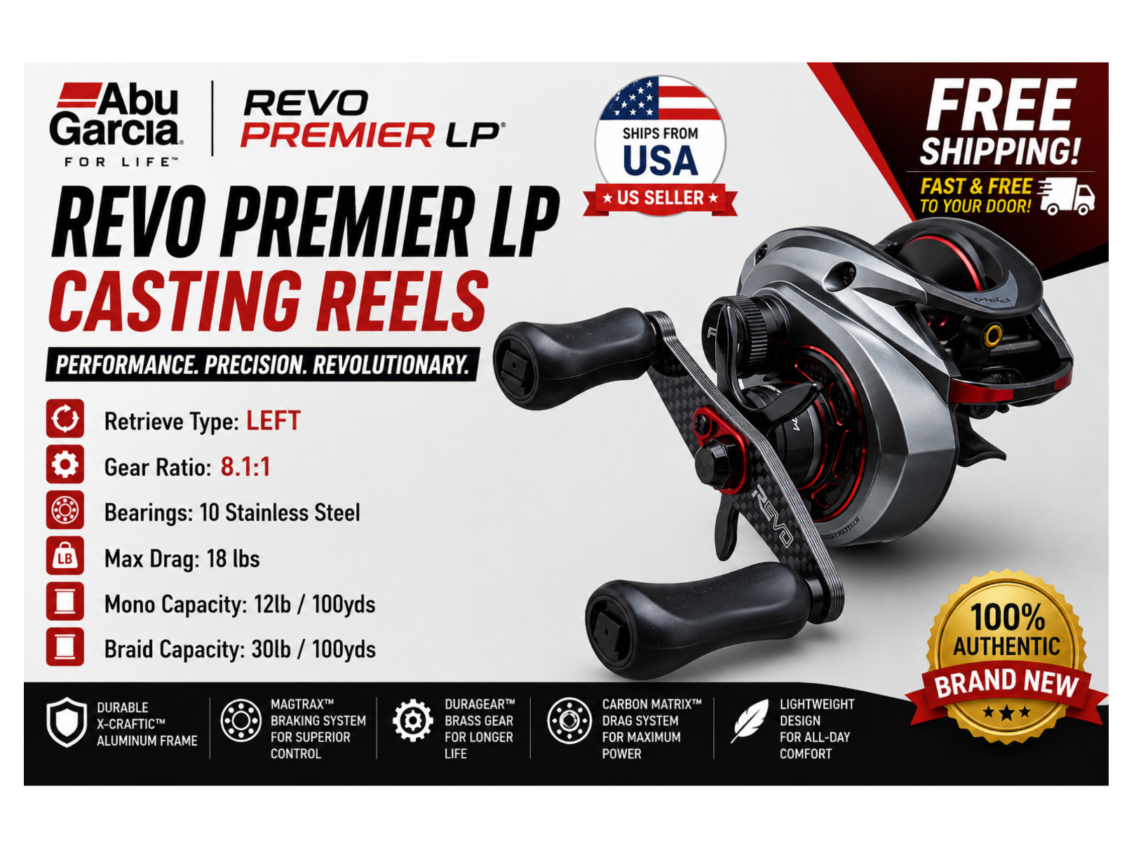 Abu Garcia Revo Premier LP Casting Reels, Type:Left – Gear Ratios: 8.1:1