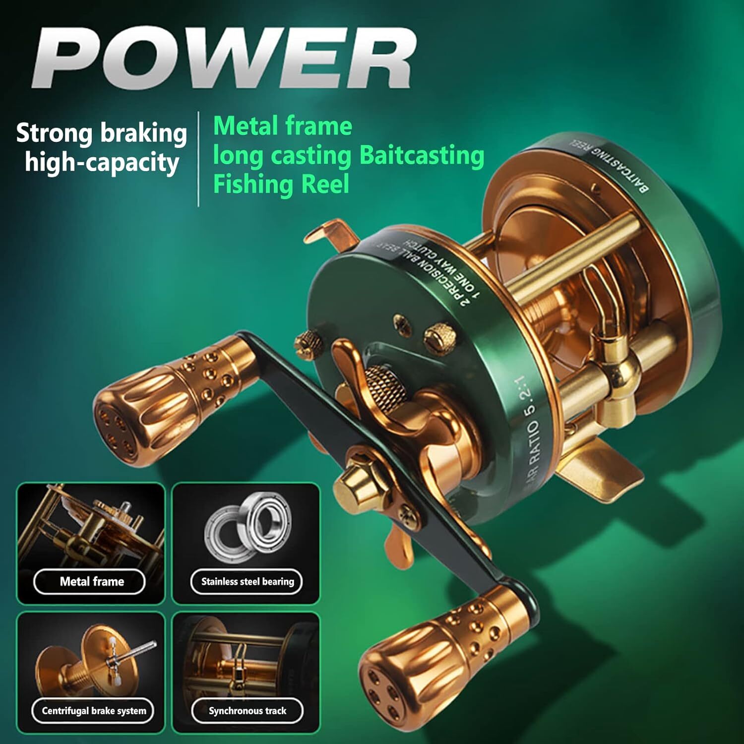 Round Baitcasting Reel, Trolling Reel, 4.2:1/5.2:1 Gear Ratios Cl60 Right Hand
