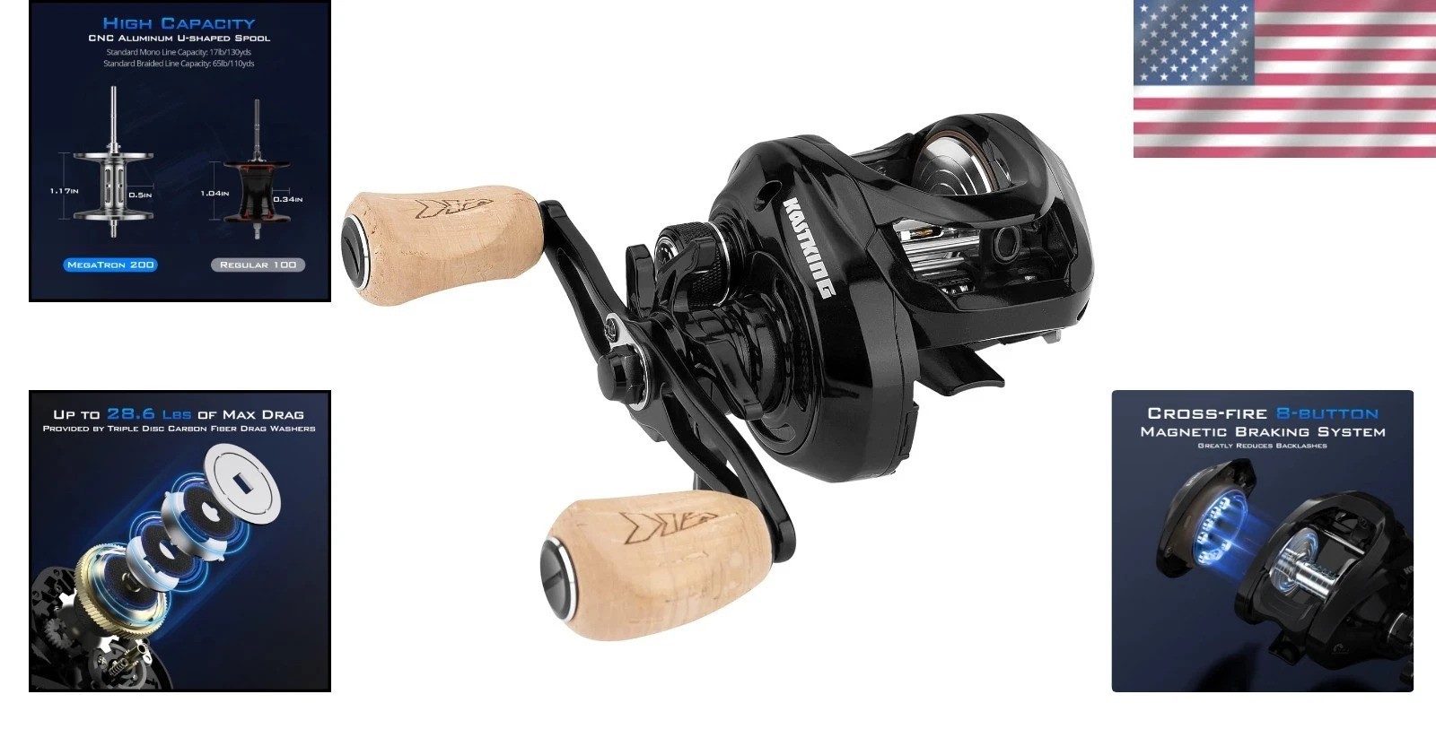 MegaTron 200 Baitcasting Reel – 28.6 lbs Drag, Adjustable Brakes, Lightweight