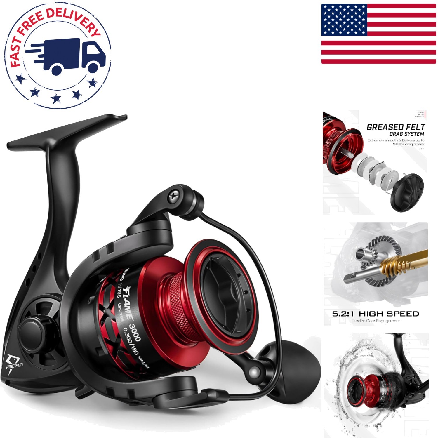 Ultra Smooth Flame Spinning Reel – Right-Hand, 3000 Size, Stylish Red & Black