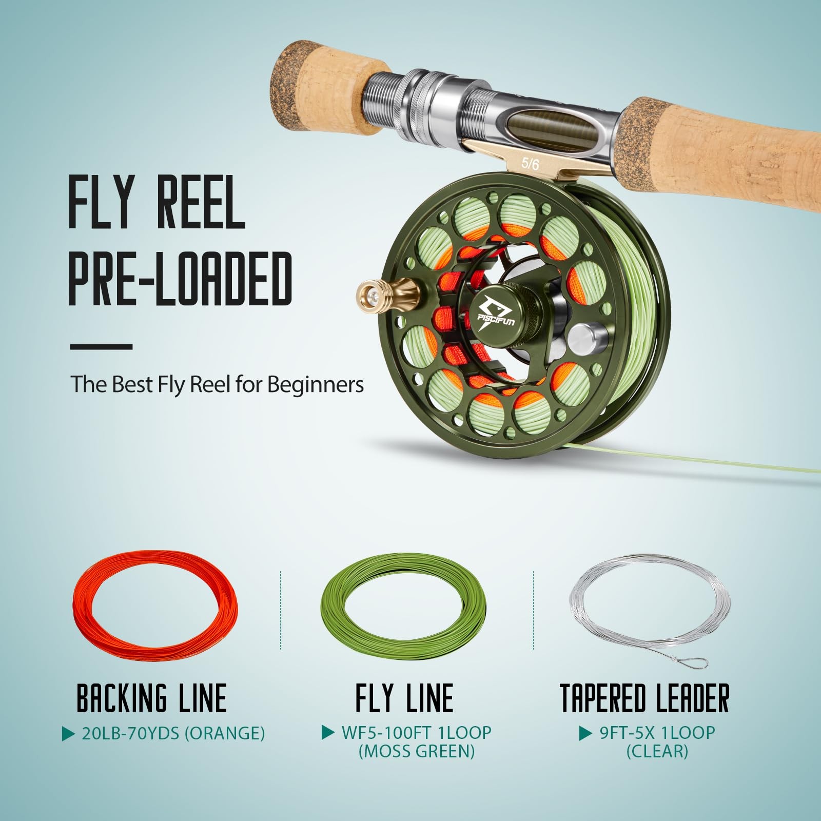 Piscifun Sword Fly Reel with Line, CNC Aluminum, Lightweight, 3/4wt, Olive