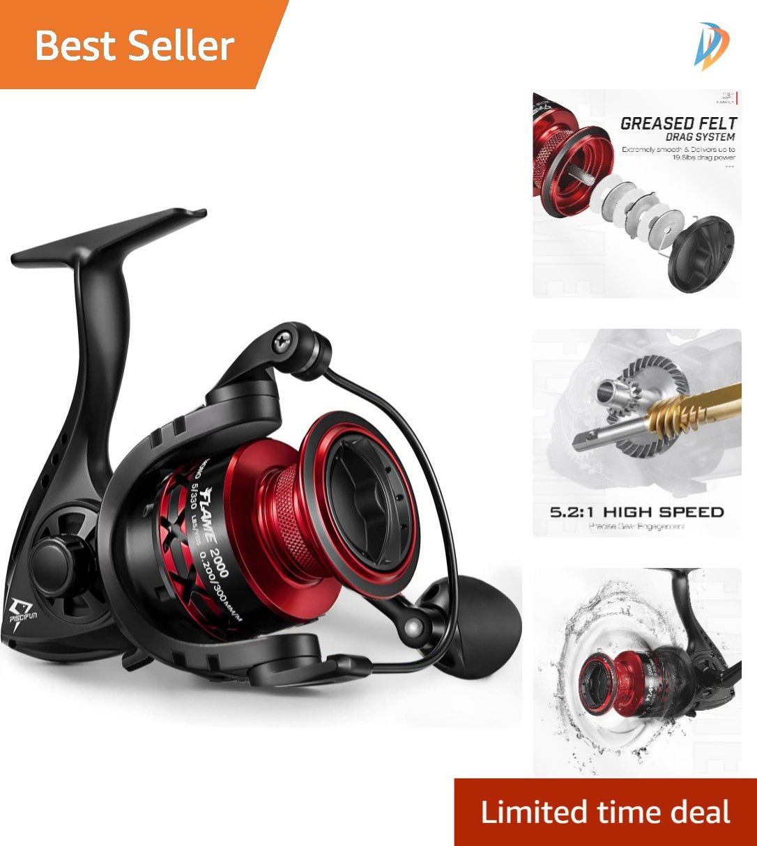 Flame 9+1BB Spinning Reel – Lightweight, 19.8LB Drag, Stylish Red & Black Finish