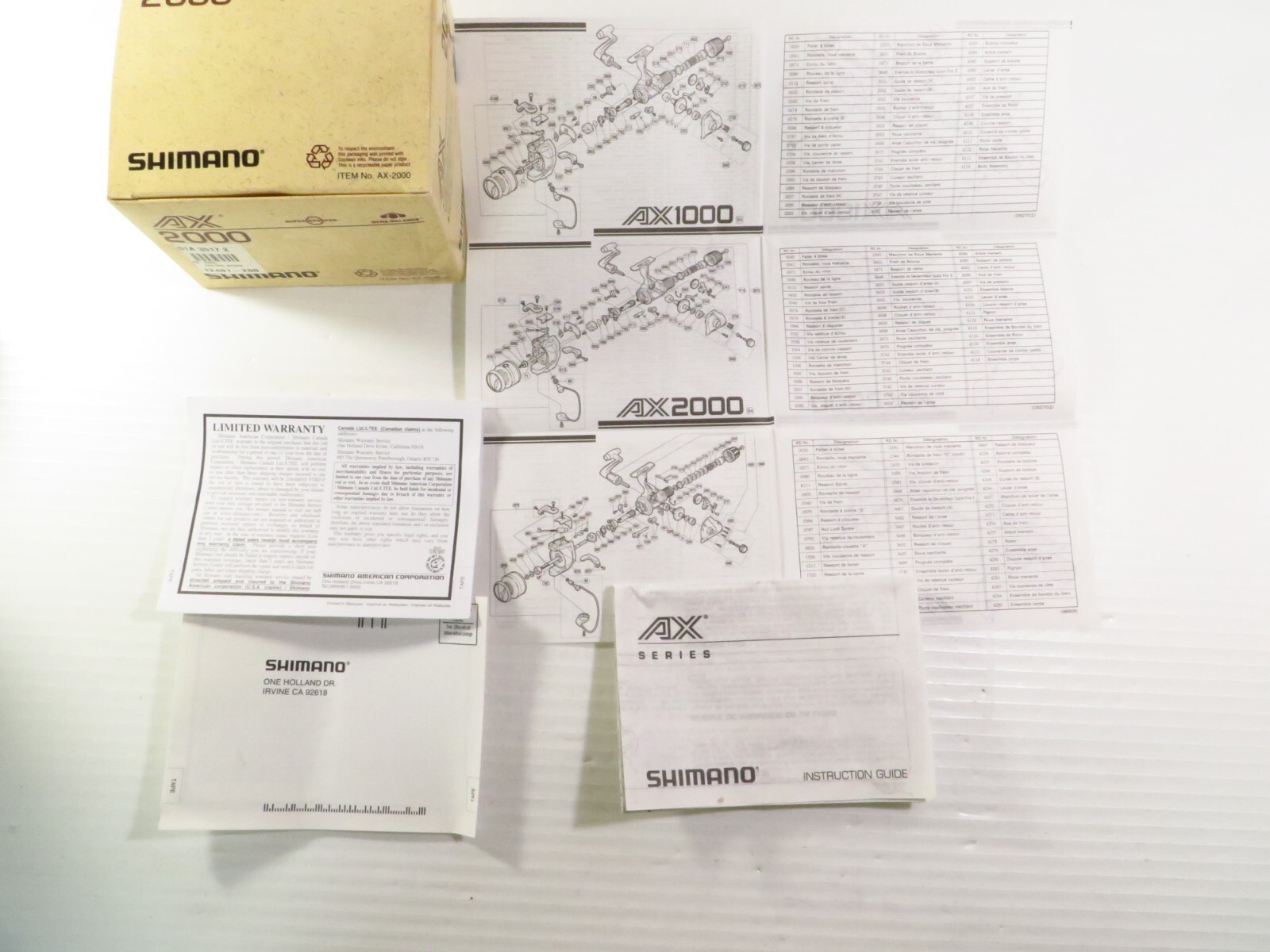 SHIMANO Fishing Reel INSTRUCTION MANUAL GUIDE: AX-1000/2000/4000 w/ AX-2000 Box