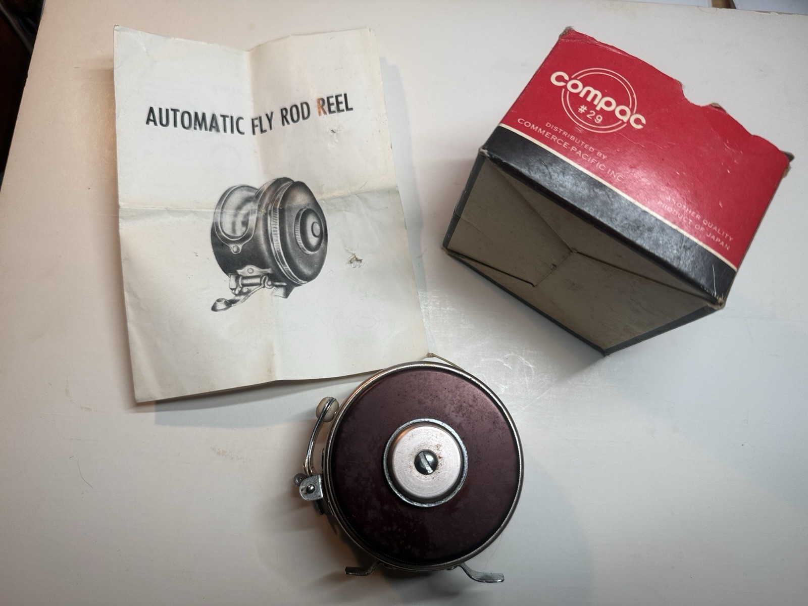 VINTAGE NOS JAPAN COMPAC 29 AUTOMATIC FLY FISHING ROD REEL MIB MINT IN BOX