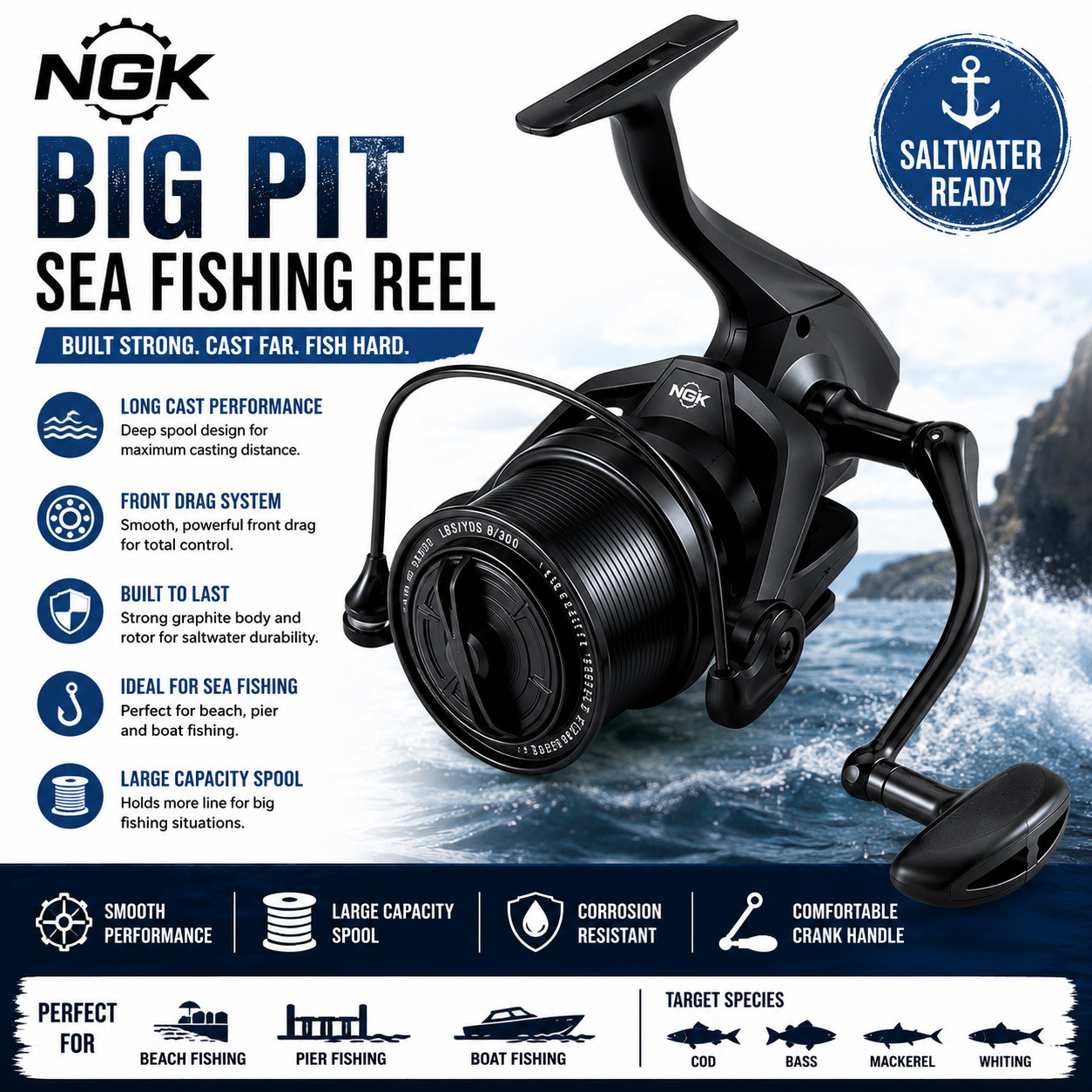 NGK 10000 Big Pit Fishing Reel Long Cast Front Drag Carp Sea Beach Pier Boat