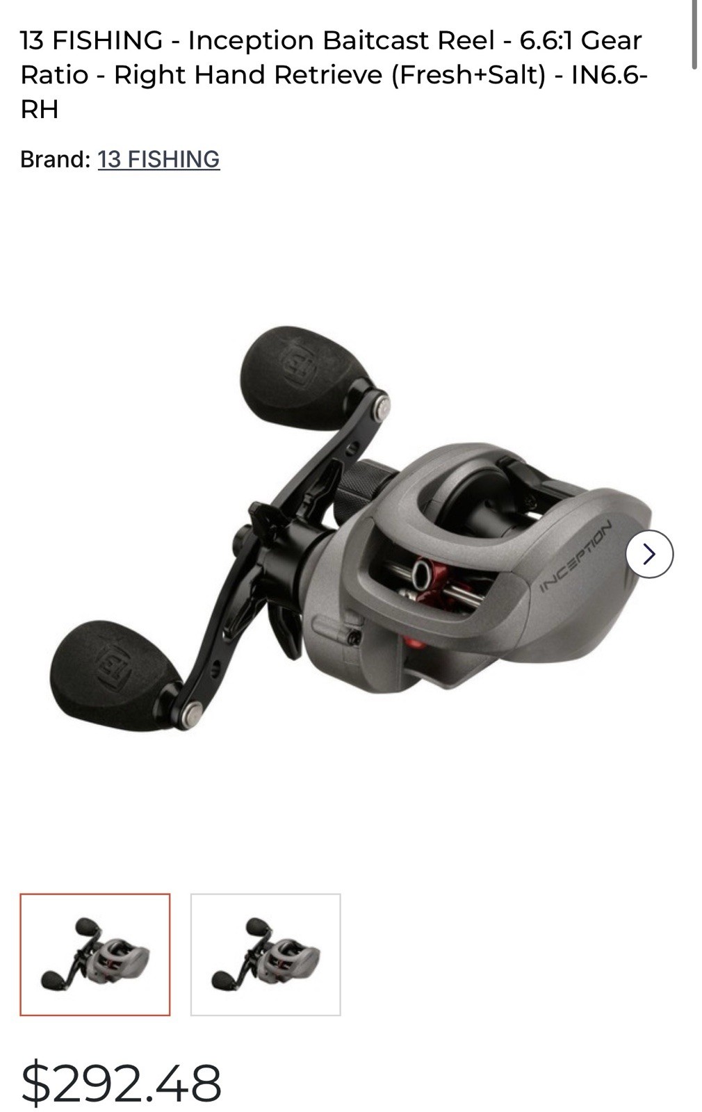 13 Fishing Inception Baitcast Reel 6.6:1 Right Hand Gray Black IN6.6-RH