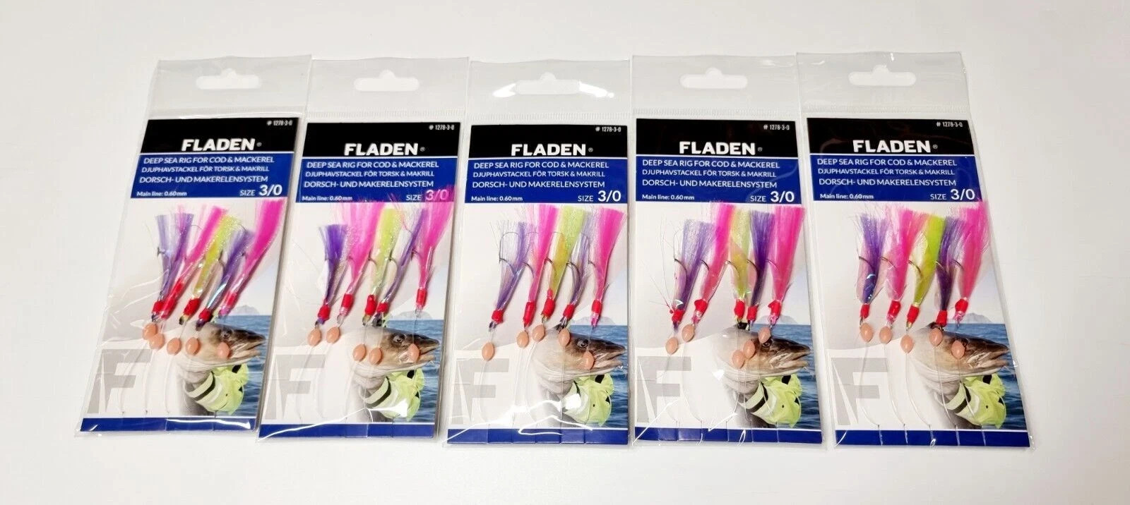 5 pks Flash Rigs Multi colour Rainbow size 3/0 feathers Mackerel lures 5 hook