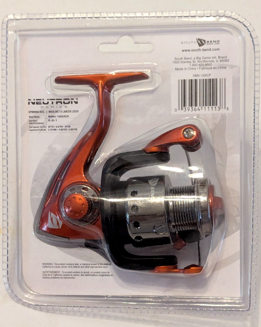 South Bend SBN-120/CP Fishing Neutron Spinning Reel 1BB Red/Orange Clam Package