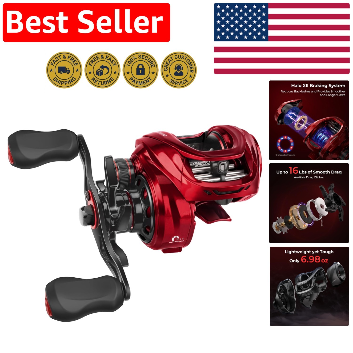 Royale Legend Glory 8.0:1 Baitcasting Fishing Reel with Halo XII Braking System