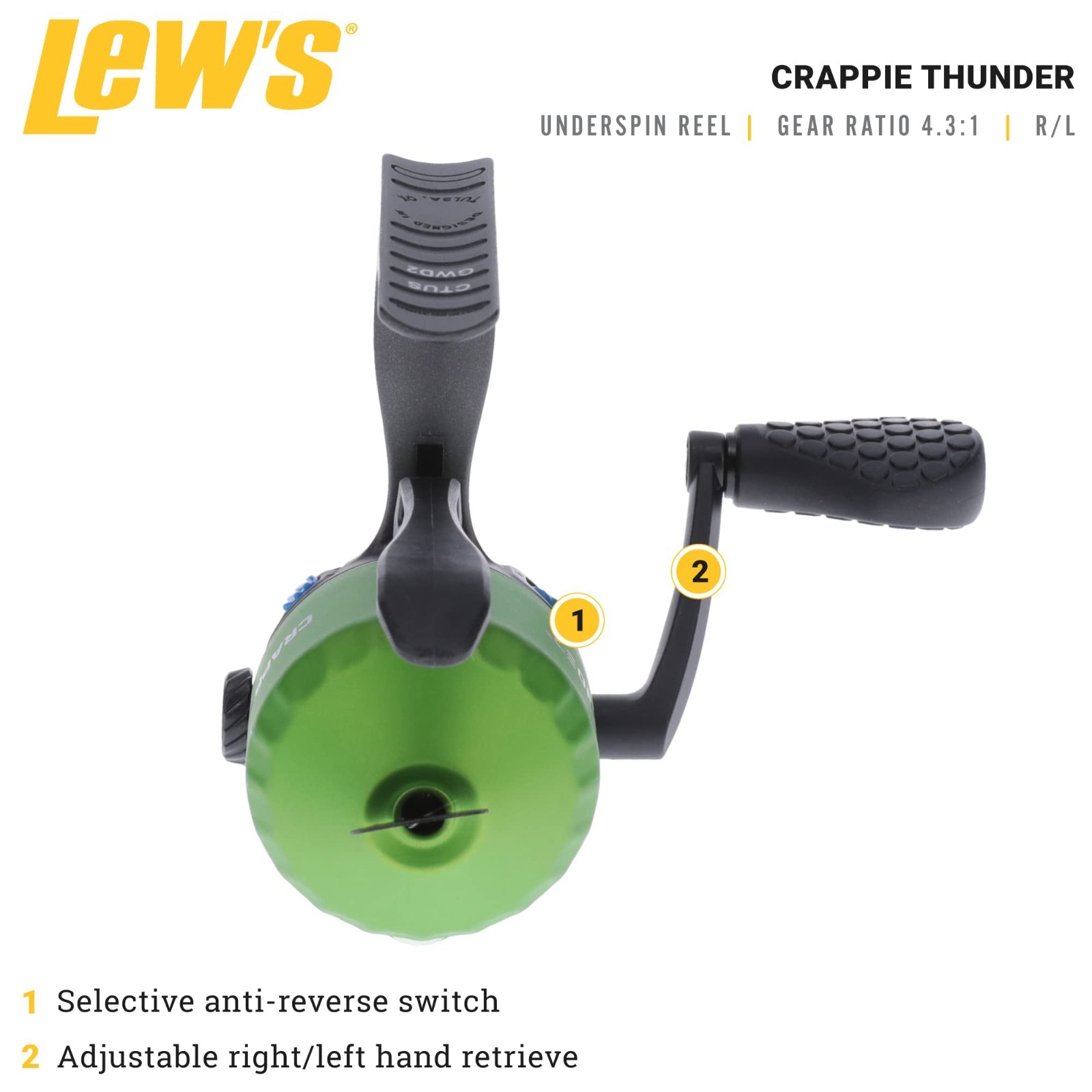 Crappie Thunder Underspin Fishing Reel, 4.3:1 Gear Ratio, Right/Left-Hand Retrie