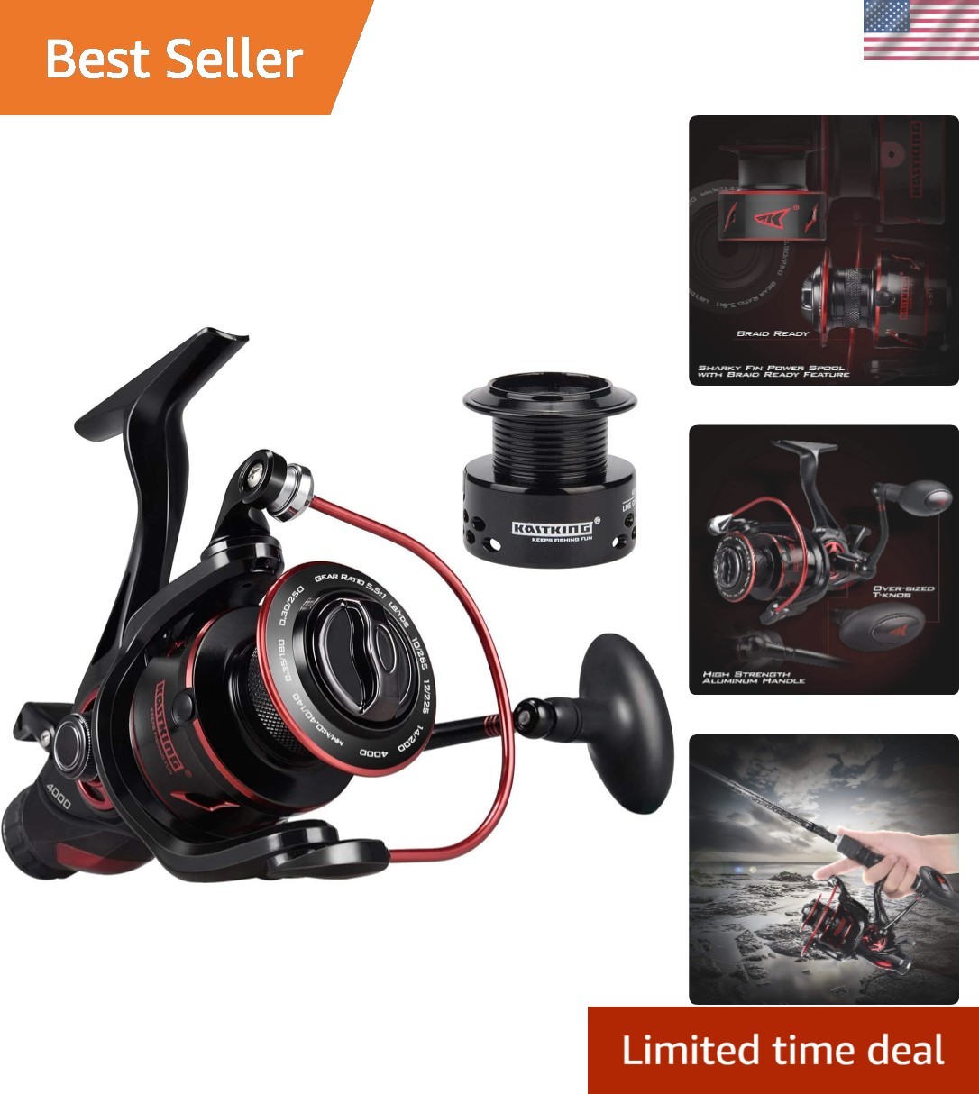 Sharky Baitfeeder III Spinning Reel – 10+1 Bearings & Carbon Drag, 26.5 lbs