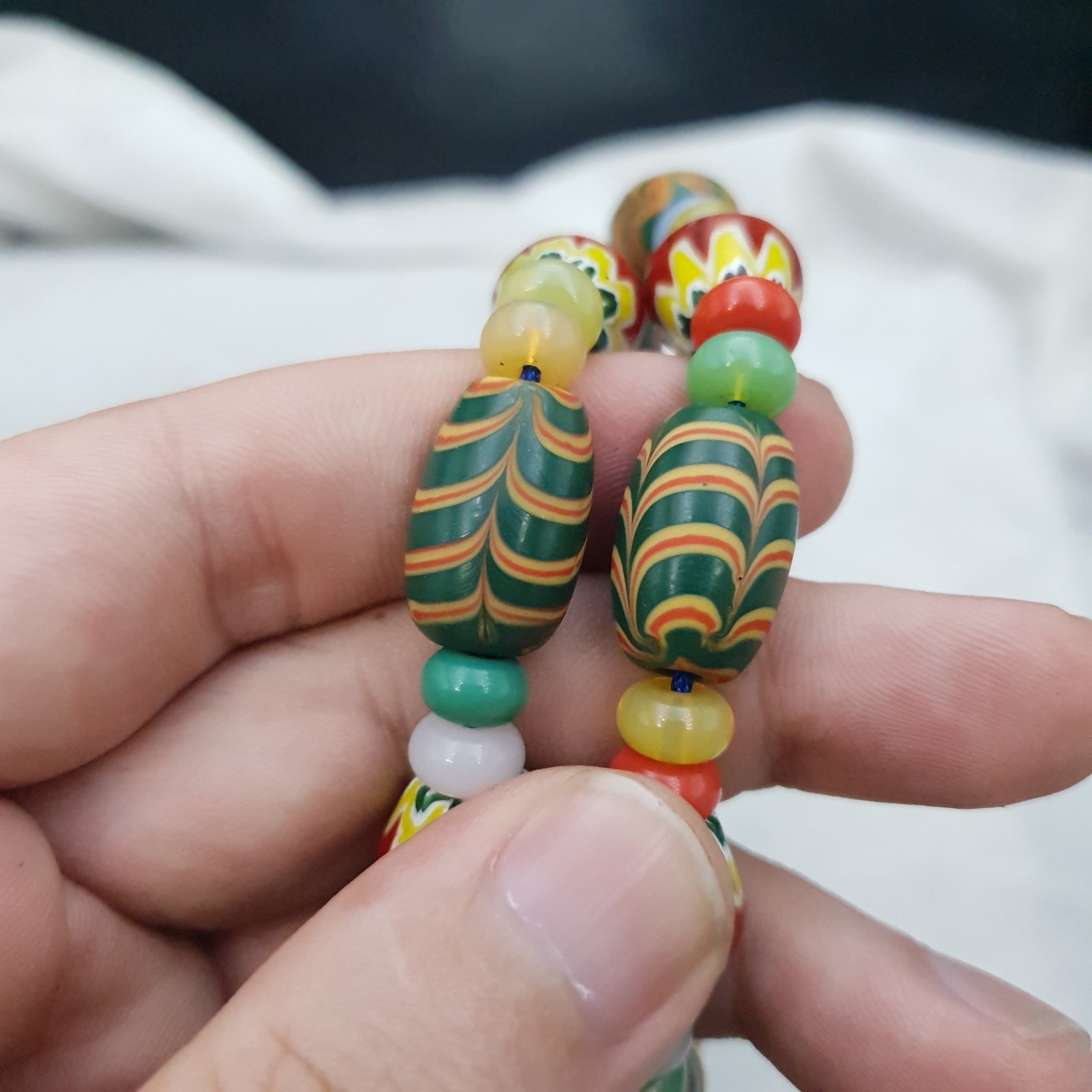 Vintage Venetian Style Yellow Red Chevron & Green Feather Glass Beads Necklace