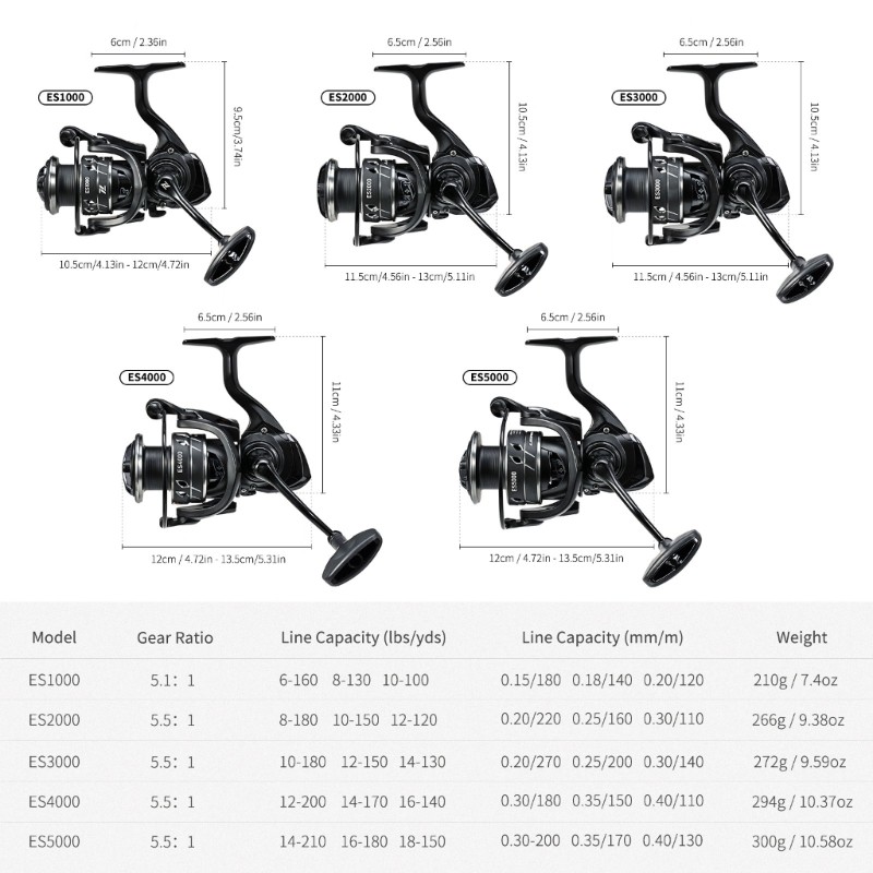 ES1000-ES5000 Fishing Reel 5.1:1/5.5:1 Gear Ratio Reel Aluminum Spool