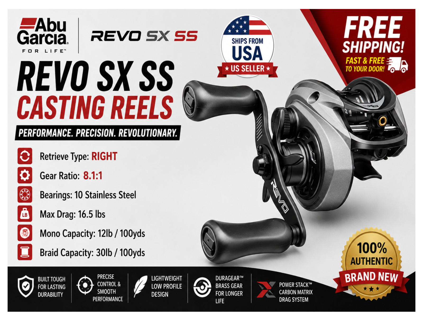 Abu Garcia Revo SX SS Casting Reels, Type:Right – Gear Ratios: 8.1:1