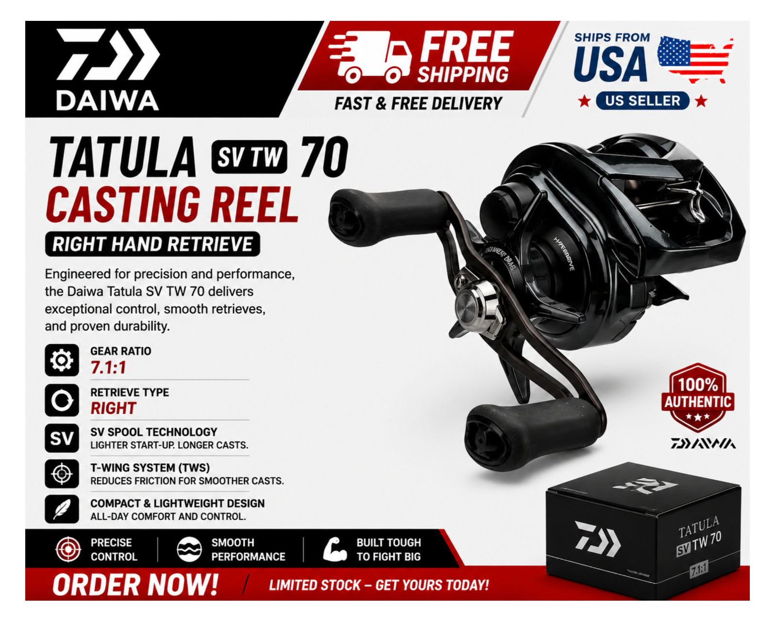 Daiwa Tatula SV TW 70 Casting Reel, Type:Right – Ratios: 7.1:1
