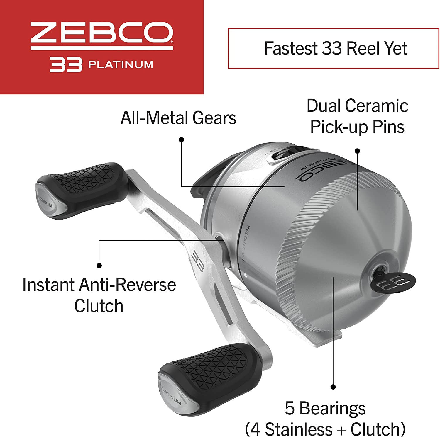 33 Platinum Spincast Fishing Reel, Size 30 Reel, Right or Left-Hand Retrieve, 4.