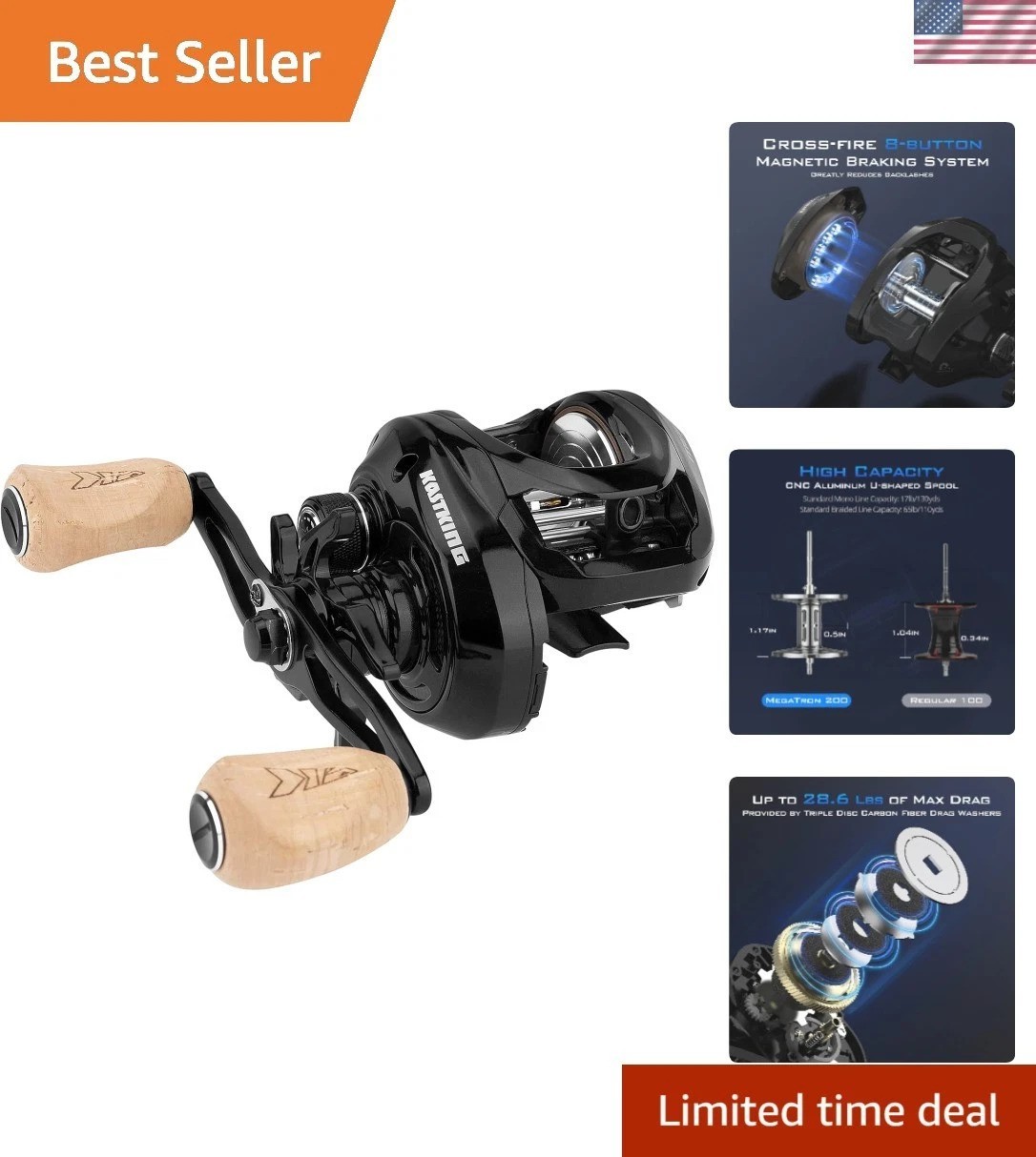 MegaTron 200 Baitcasting Reel – 28.6 lbs Drag, Adjustable Brakes, Lightweight