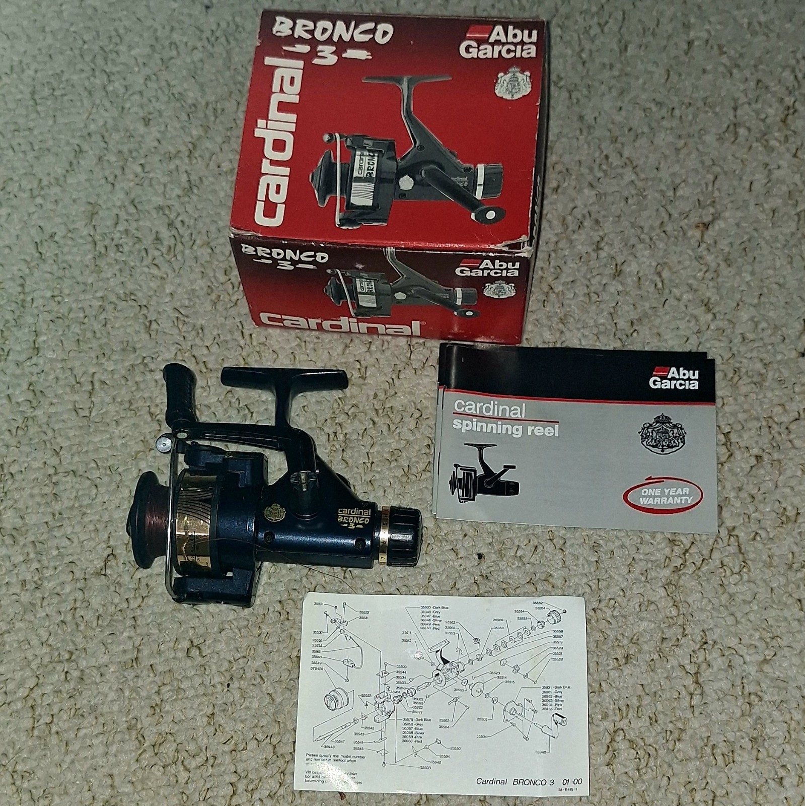 ABU Garcia Cardinal Bronco 3 Used Spinning Reel Tested Spins Well In Box
