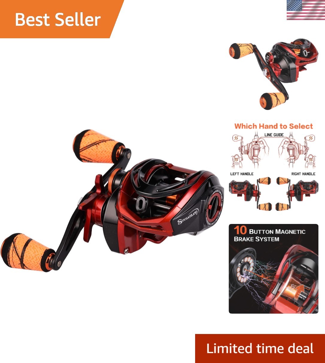 Orange Baitcasting Reel – Lightweight, Anti-Reverse, 9+1 BB for Smooth Casting