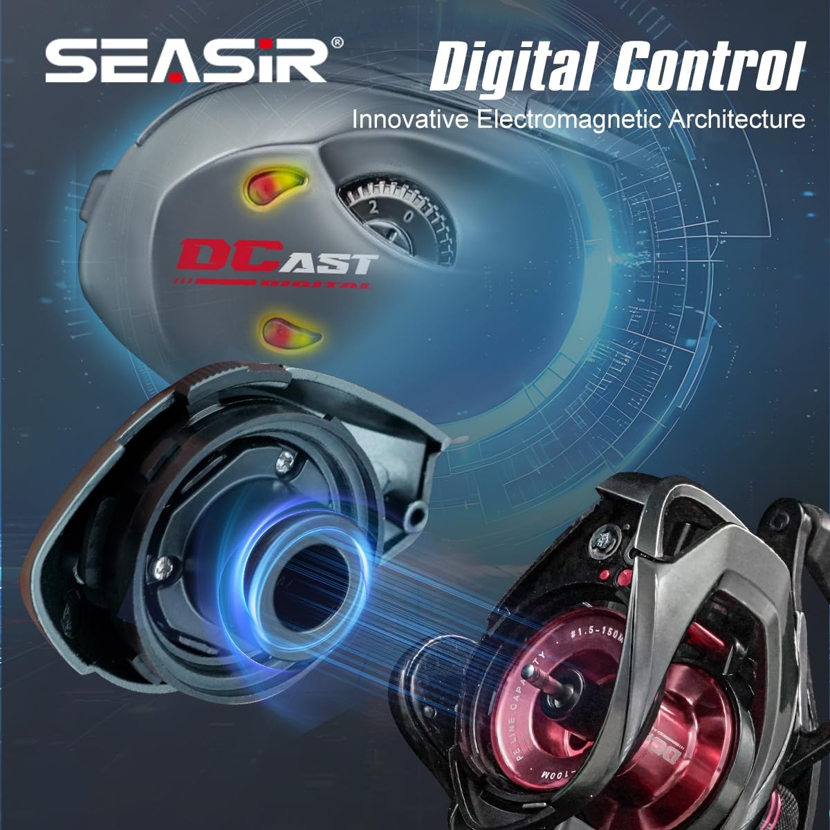 SEASIR DCast Baitcaster Reel, 7.31, 7+1 BB, 18.5lb Drag, Grey/Red (left)
