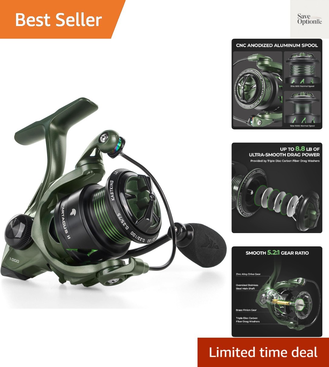 Spartacus II Spinning Reel – Sealed Carbon Fiber 22LBs Max Drag – 7+1 Stainle…