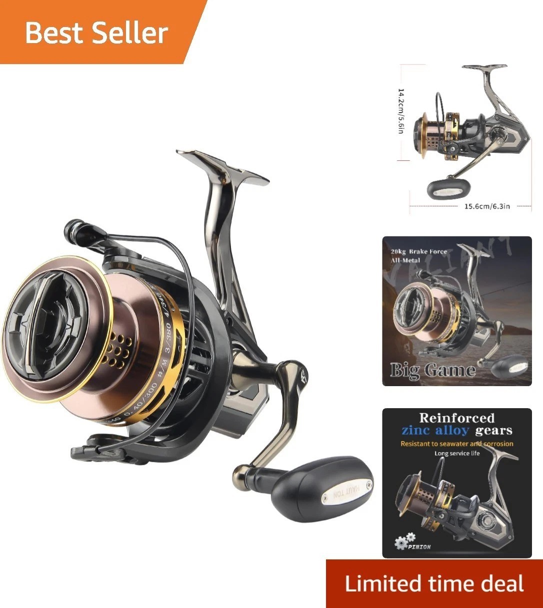 Big Game Surf Fishing Reel 8000/12000 – 20KG Drag, Corrosion-Resistant Metal