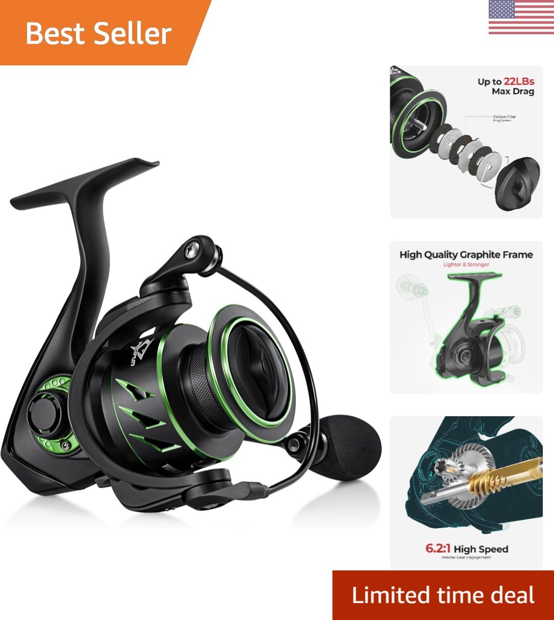 Versatile Viper X Spinning Reel – Ultra Smooth 5.2:1/6.2:1 Gear Ratios, 500-5000