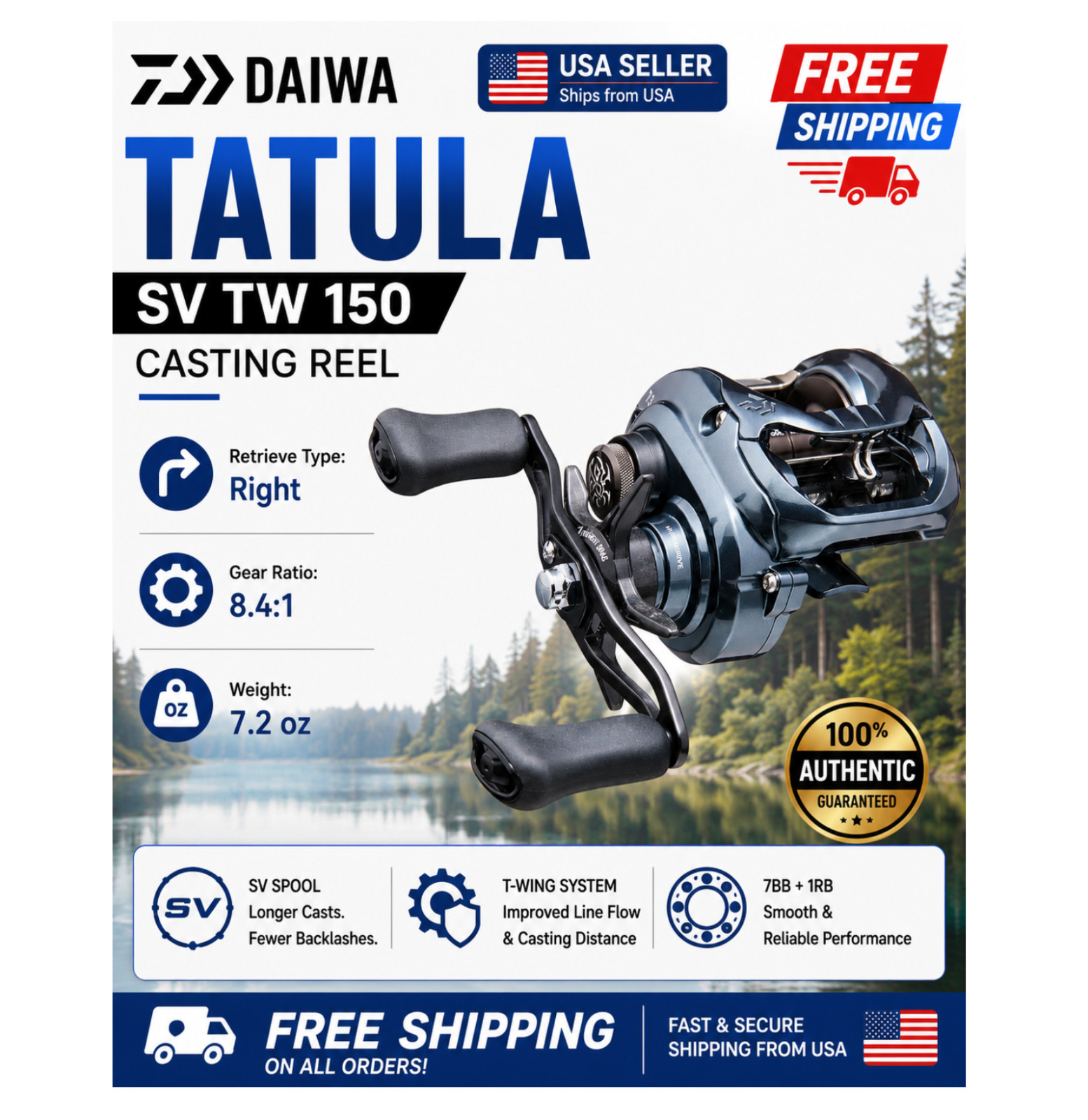 Daiwa Tatula SV TW 150 Casting Reel, Type:Right – Ratios: 8.4:1