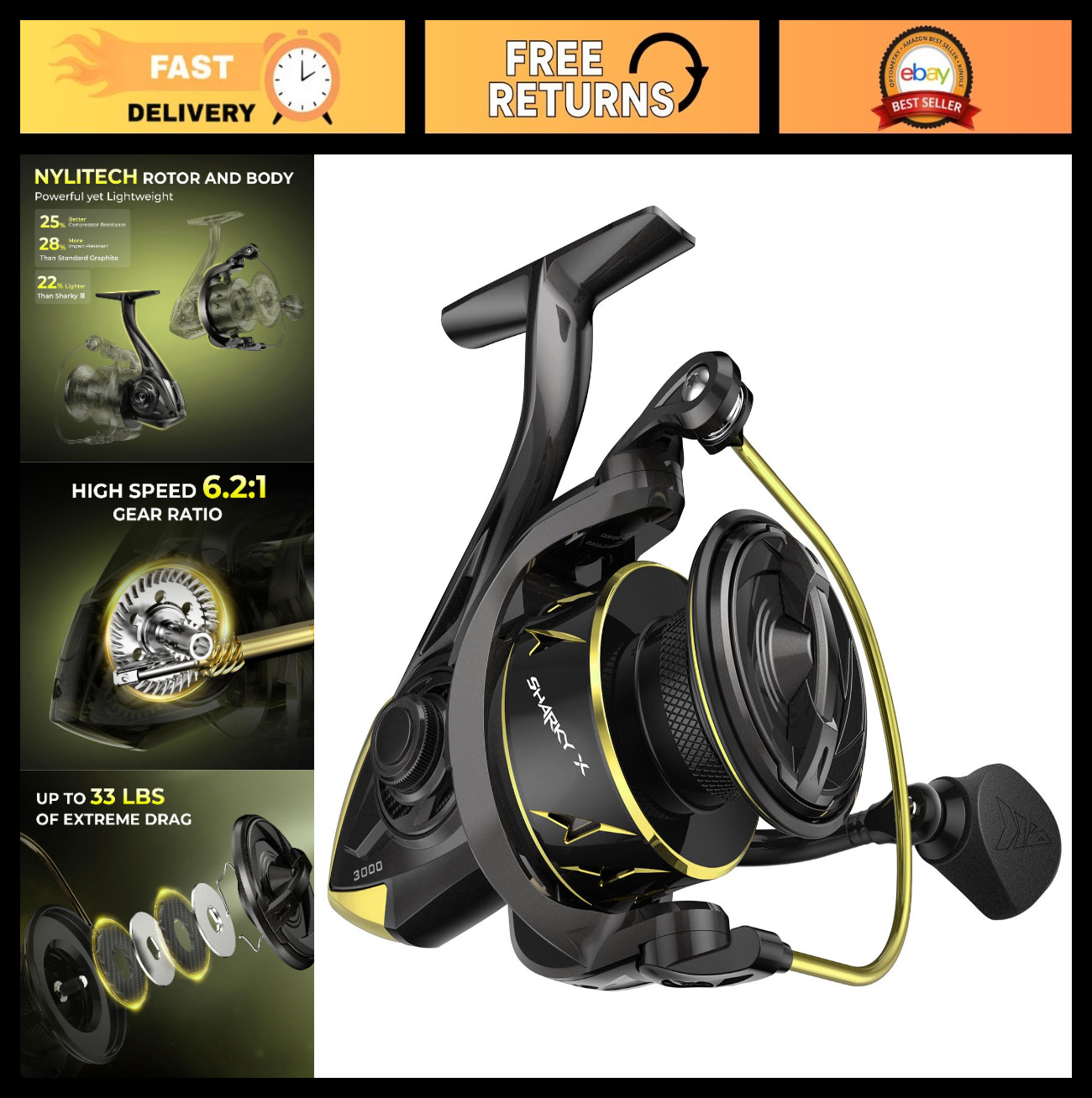 Lightweight Spinning Reel 5.2:1 & 6.2:1 Gear Ratios, 33-39.5LB Drag, 10+1 Bearin