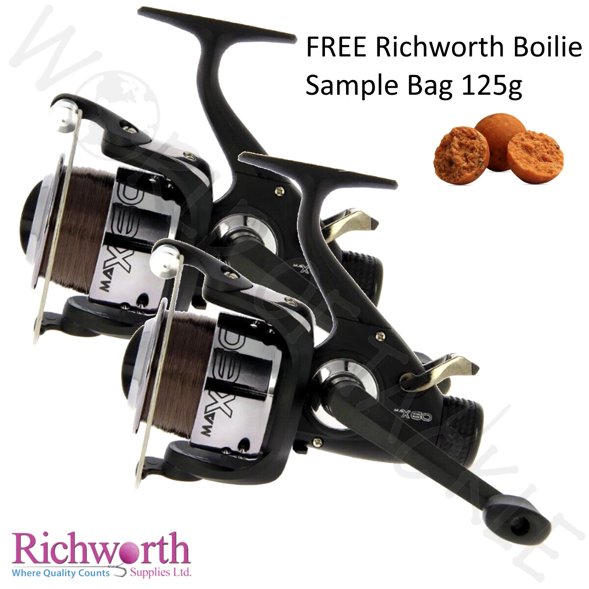 Carp Fishing Reels x2 NGT MAX60 Bait Runner Freespool and FREE BOILIES