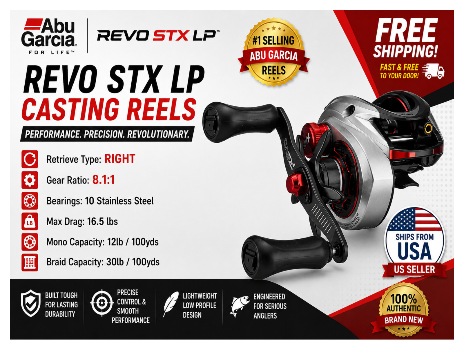 Abu Garcia Revo STX LP Casting Reels, Type:Right – Gear Ratios: 8.1:1