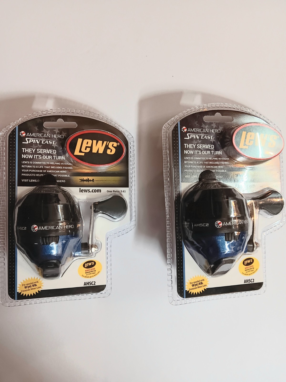 2 Lew’s American Hero Spin Cast 3.4:1 Gear Ratio. Pre-Spooled With 8 lb. 90 yds.