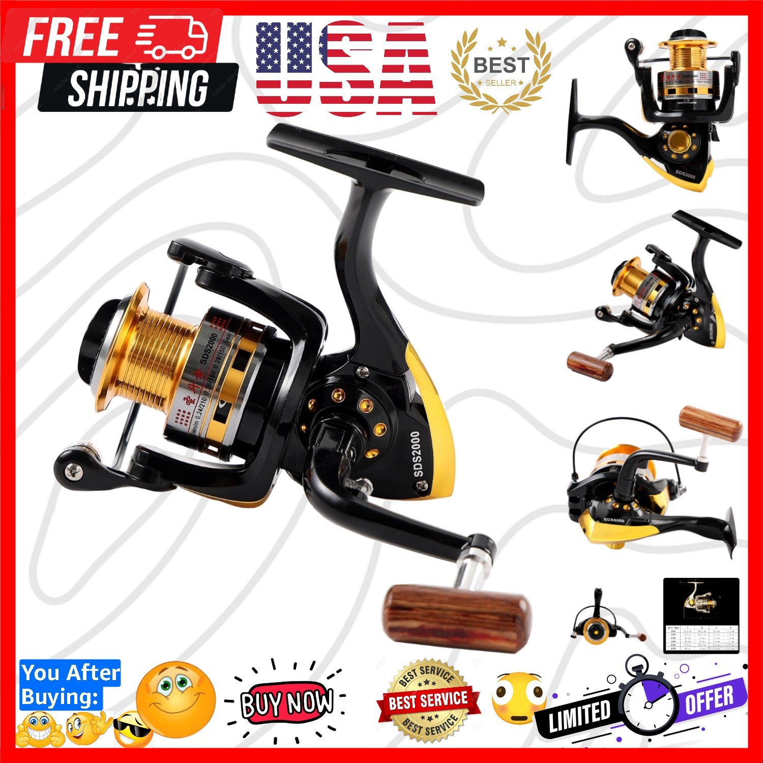 Spinning Fishing Reels for Saltwater Freshwater 1000 2000 3000 4000 5000 6000…