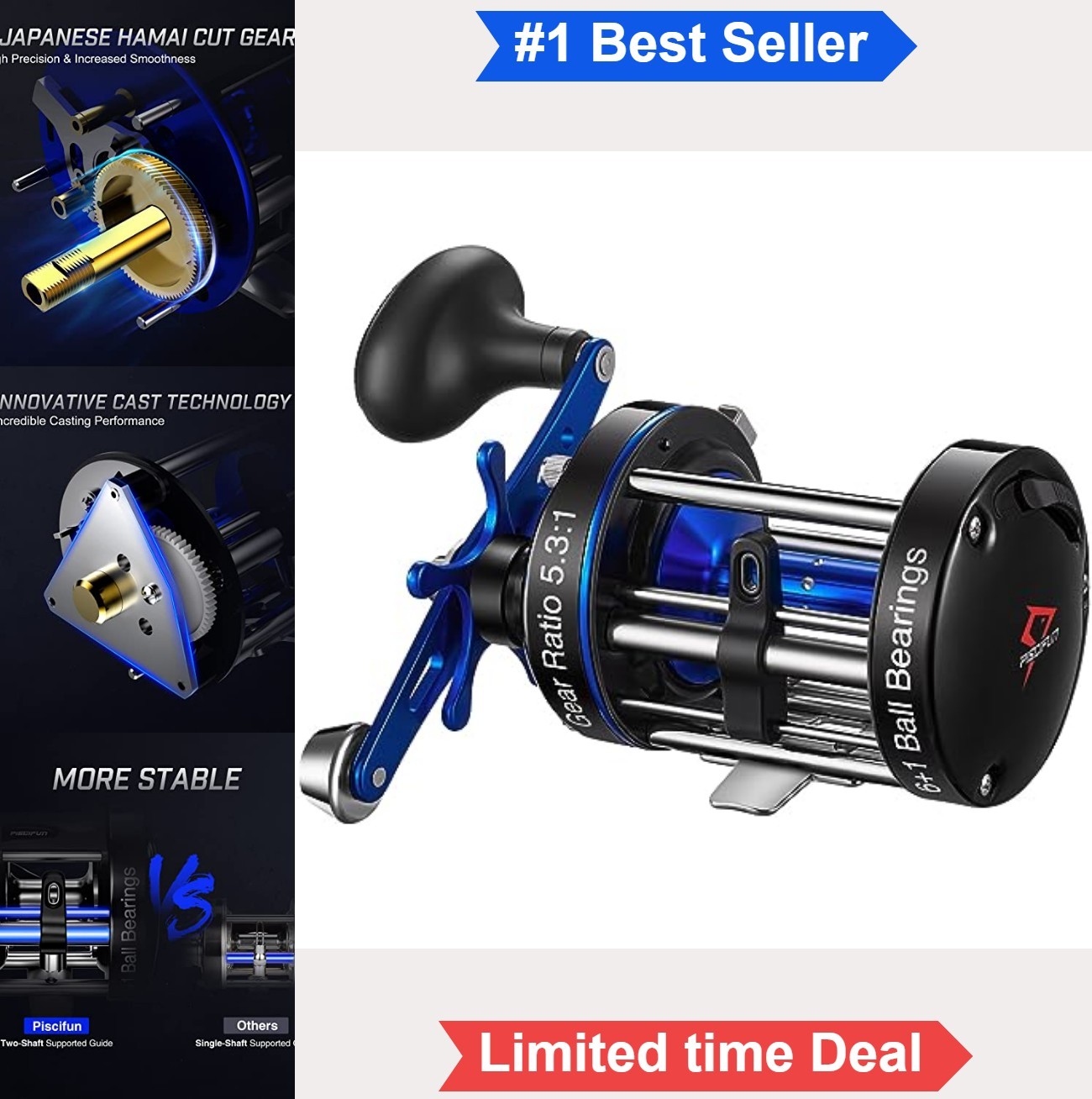 Round Baitcasting Reel 5.3:1 7 Bearings 22LB Drag Aluminum Frame Saltwater Blue
