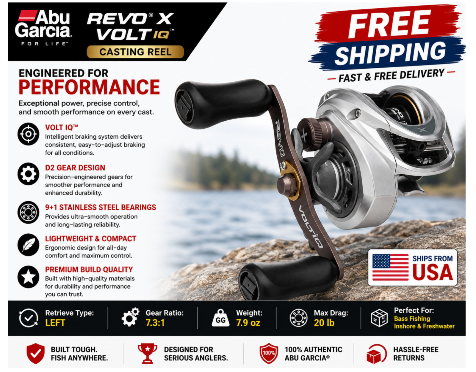 Abu Garcia Revo X VoltIQ Casting Reels, Type:Left – Gear Ratios: 7.3:1