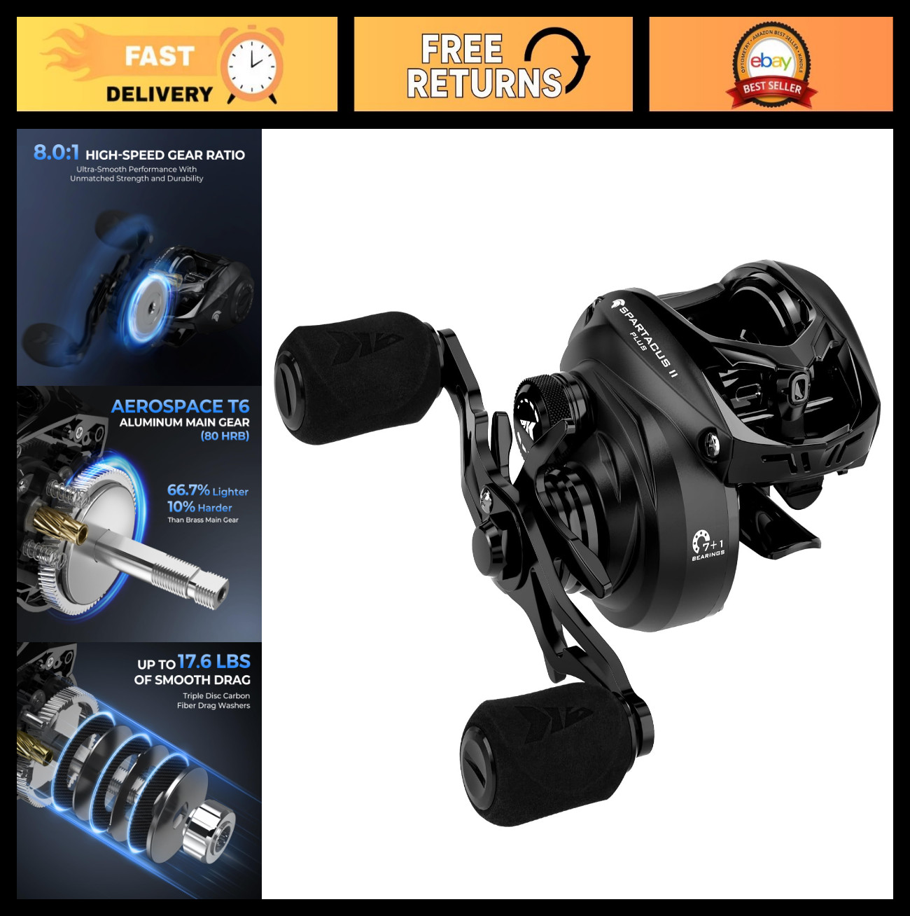 High-Speed Baitcasting Reel, 8.0:1 Gear Ratio, Ultralight 6 oz, Magnetic Braking