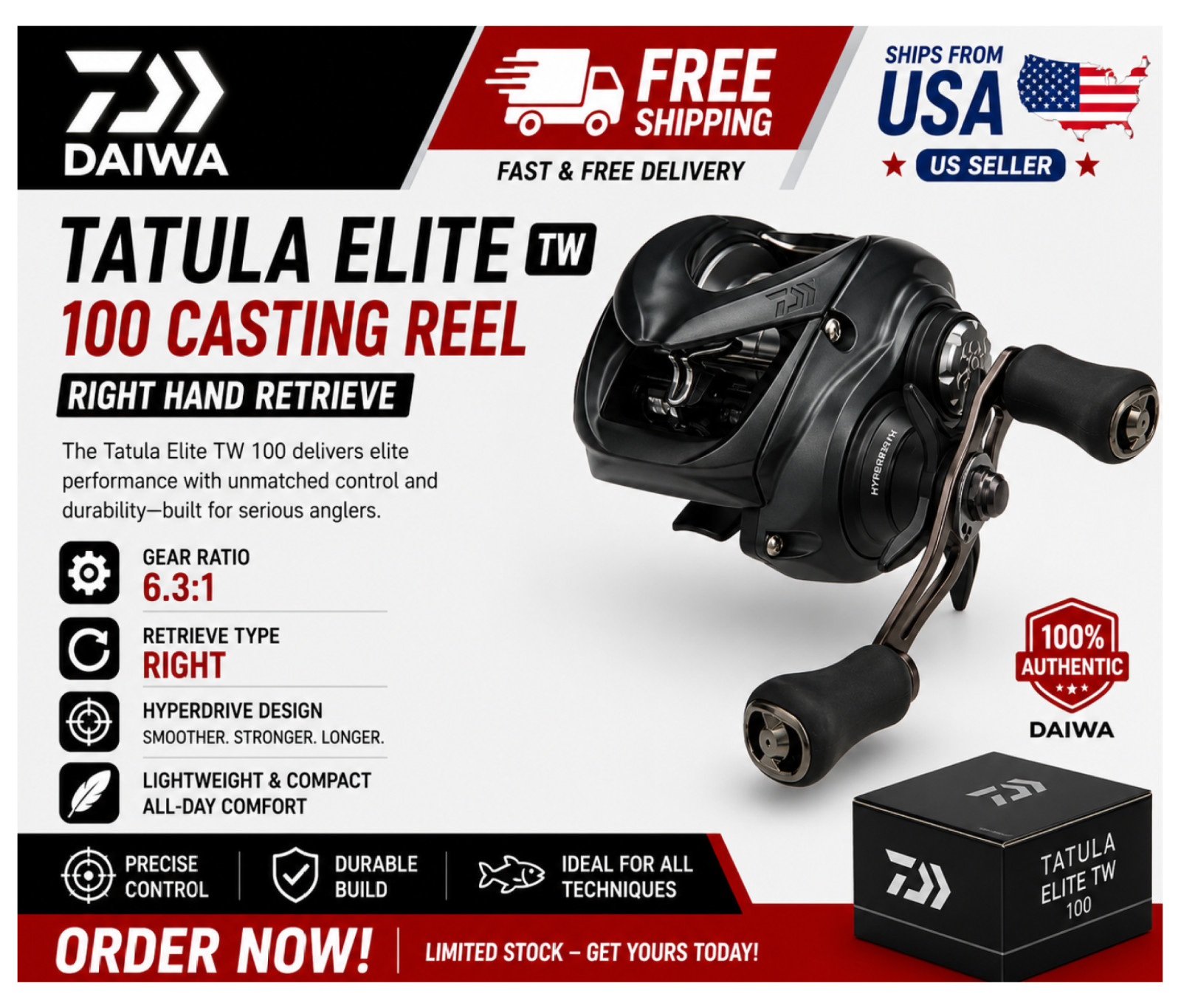 Daiwa Tatula Elite TW 100 Casting Reels, Type: Right – Ratios: 6.3:1