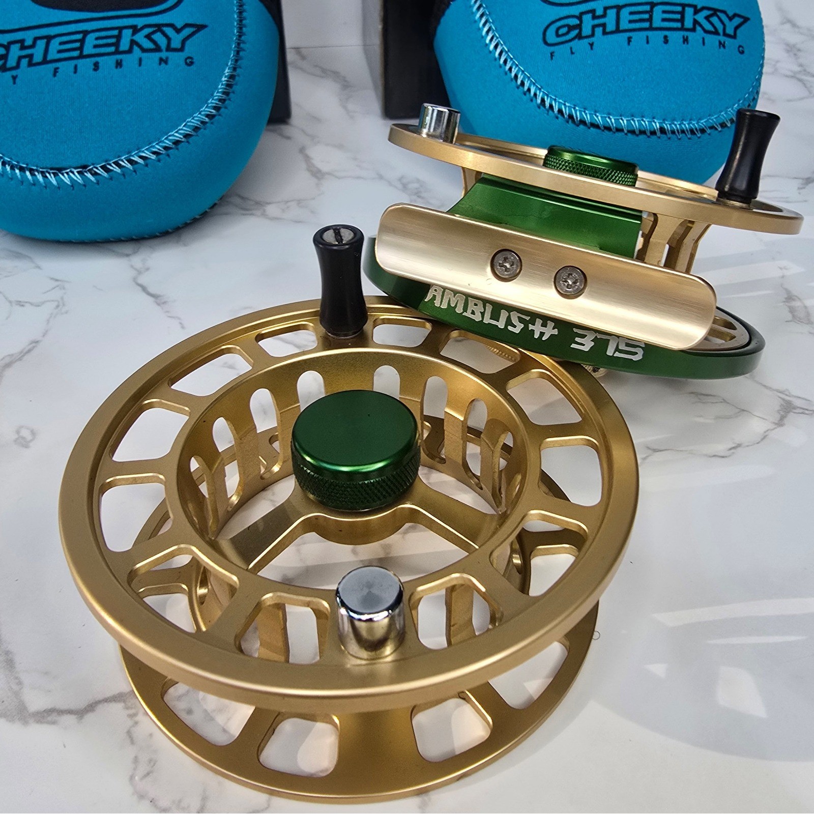 Cheeky Ambush 375 Fly Fishing Reel Gold Green with Spare Spool and Cases NIB