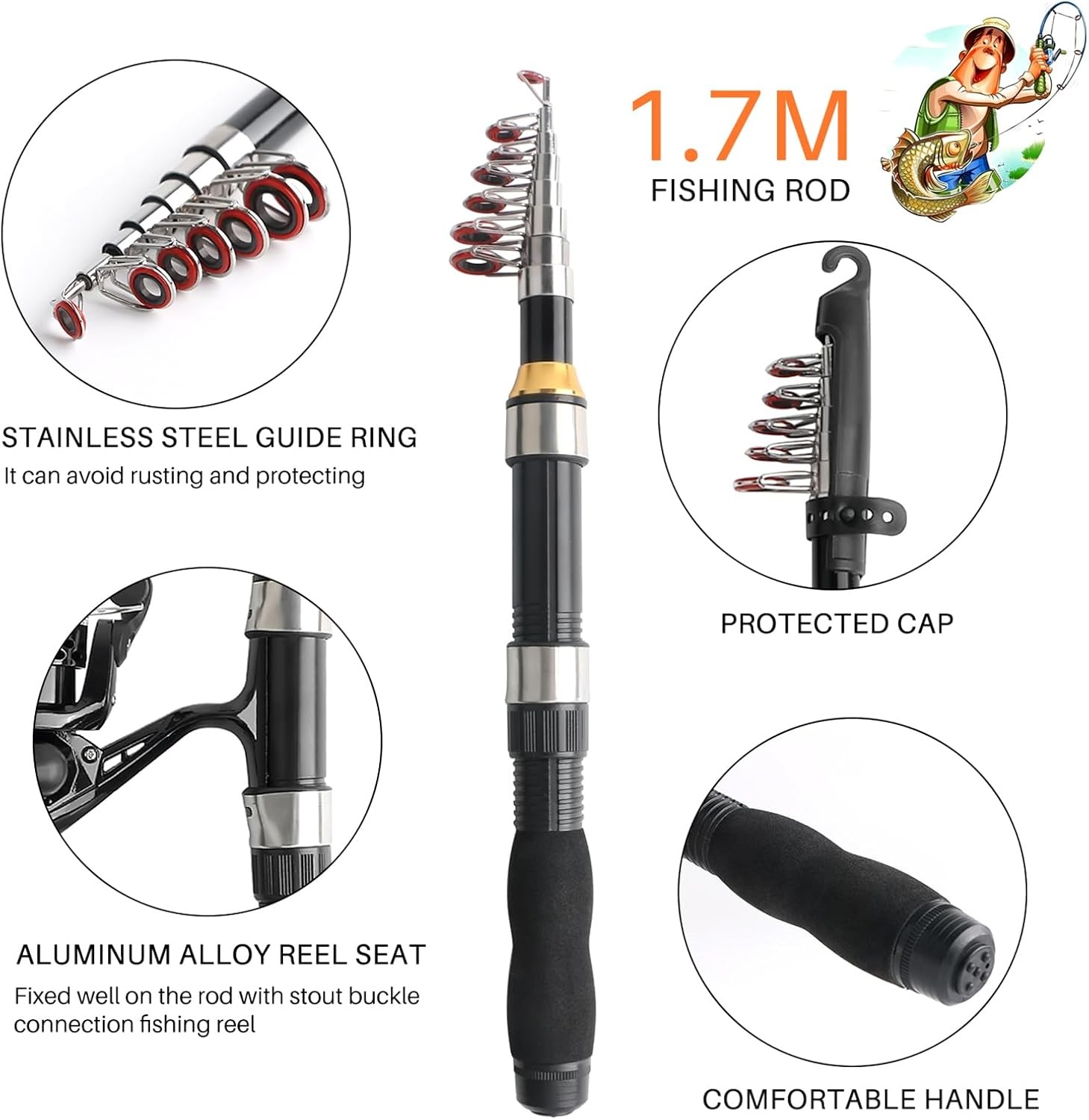 Telescopic Fishing Pole Reel Combo Ultralight 5.58ft, 6.89ft, 7.87ft, Black