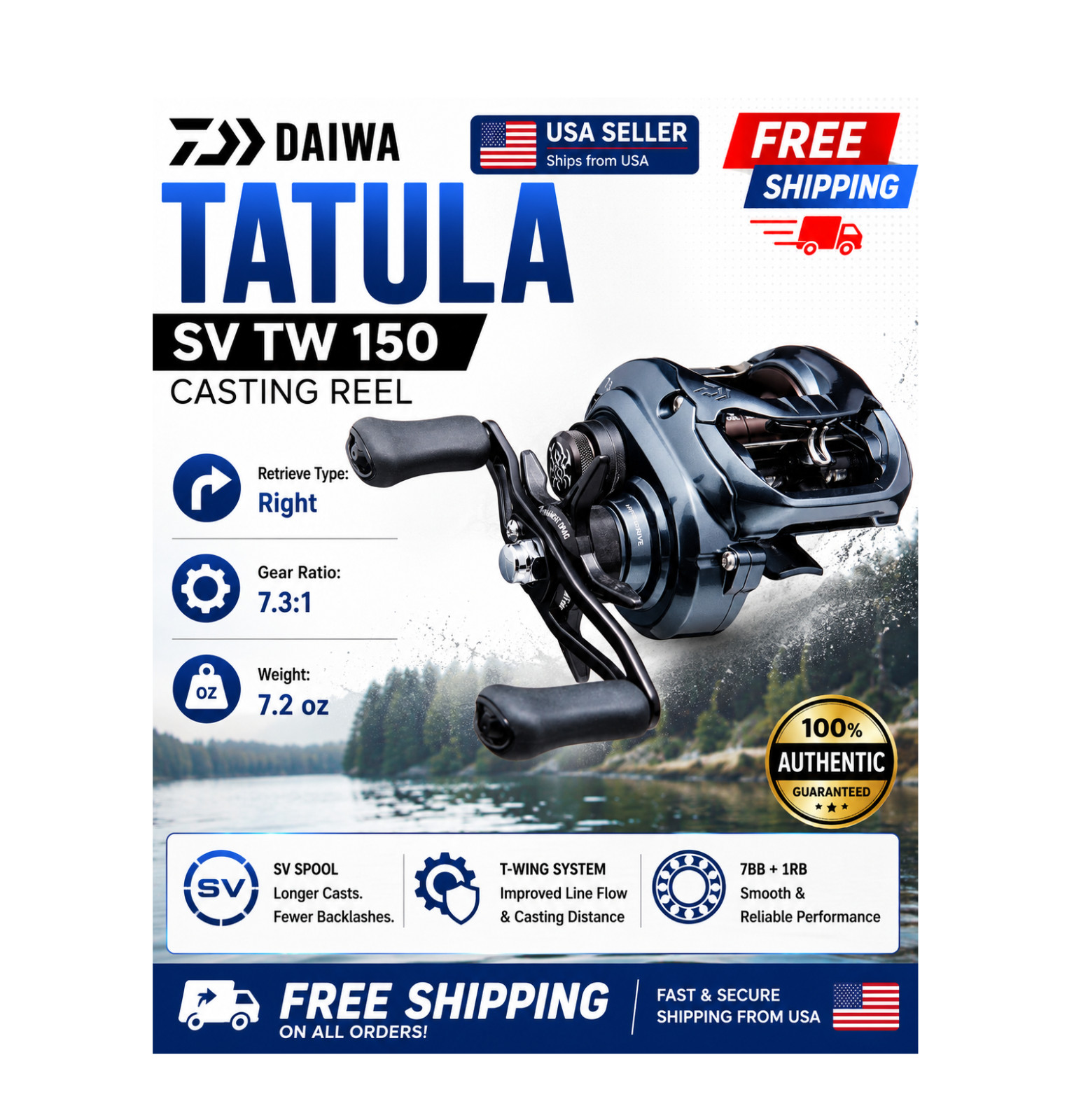 Daiwa Tatula SV TW 150 Casting Reel, Type:Right – Ratios: 7.3:1