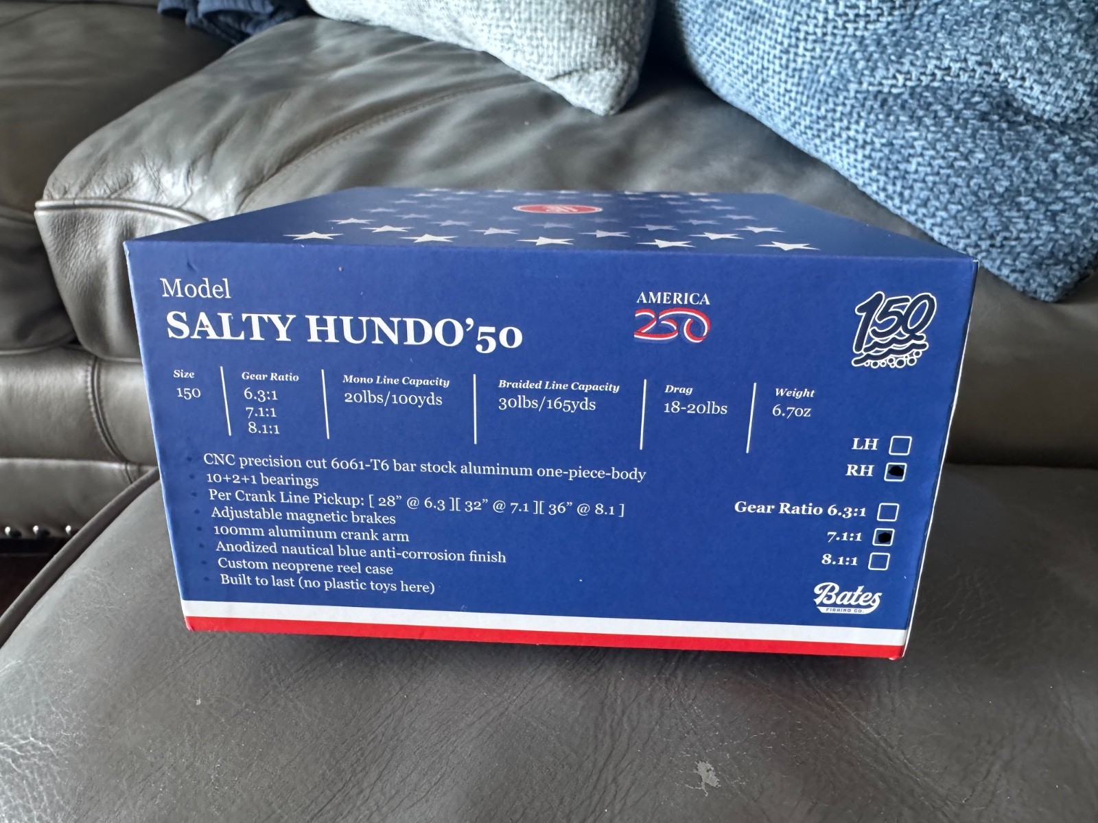 Bates Salty 150 USA 250th Anniversary Limited Edition Reel. Right Hand, 7.1 gear